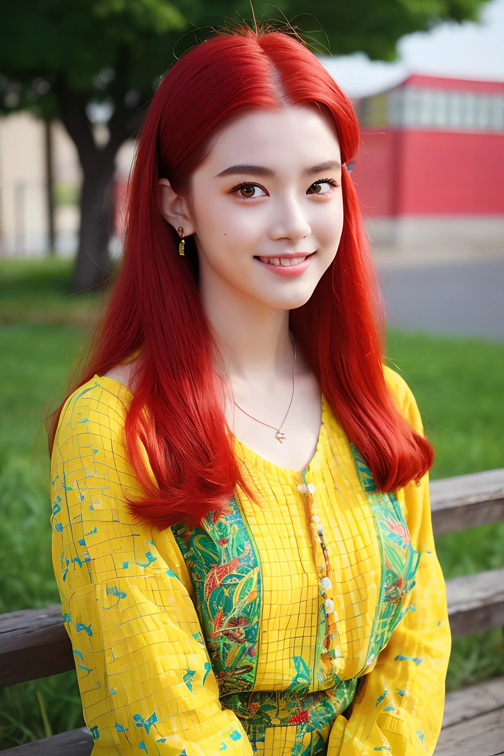 (extra detailed body、extra detailed face、best qualtiy:1.2)、femele、looking at the viewers、(red hairs、green grass、amarelo、verdant、Red fancy patterned clothes、Large piercings on the shoulder、a necklace、Outstanding smile、sixteen years old)、(Colorful square box on background:1.4)