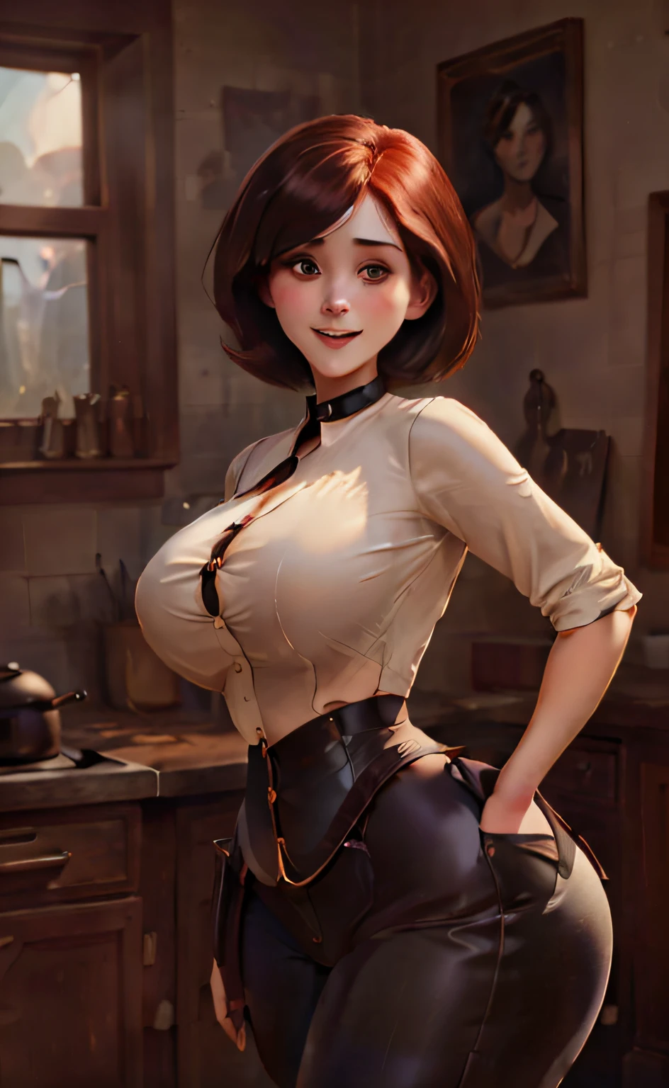 HelenParr, beautiful face, (large breasts:1.2), portrait, (art by Jeremy Lipking, Dean cornwell, Charlie Bowater), smiling, button down shirt, collar, chino pants, looking at viewer, midriff, kitchen, (sexy curves:1.5), (wide hips:1.5), (big ass:1.5)