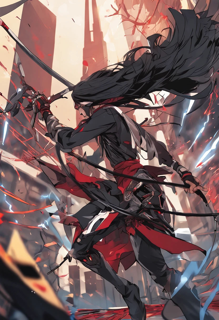 Bittonio, immortal deity, tall, well-built, agile, long black hair, piercing red eyes, determined expression, black attire, leather vest, katana master, precision, intense focus, dynamic motion, sparks, agile footwork, skilled combatant, anime style, 8k detailled