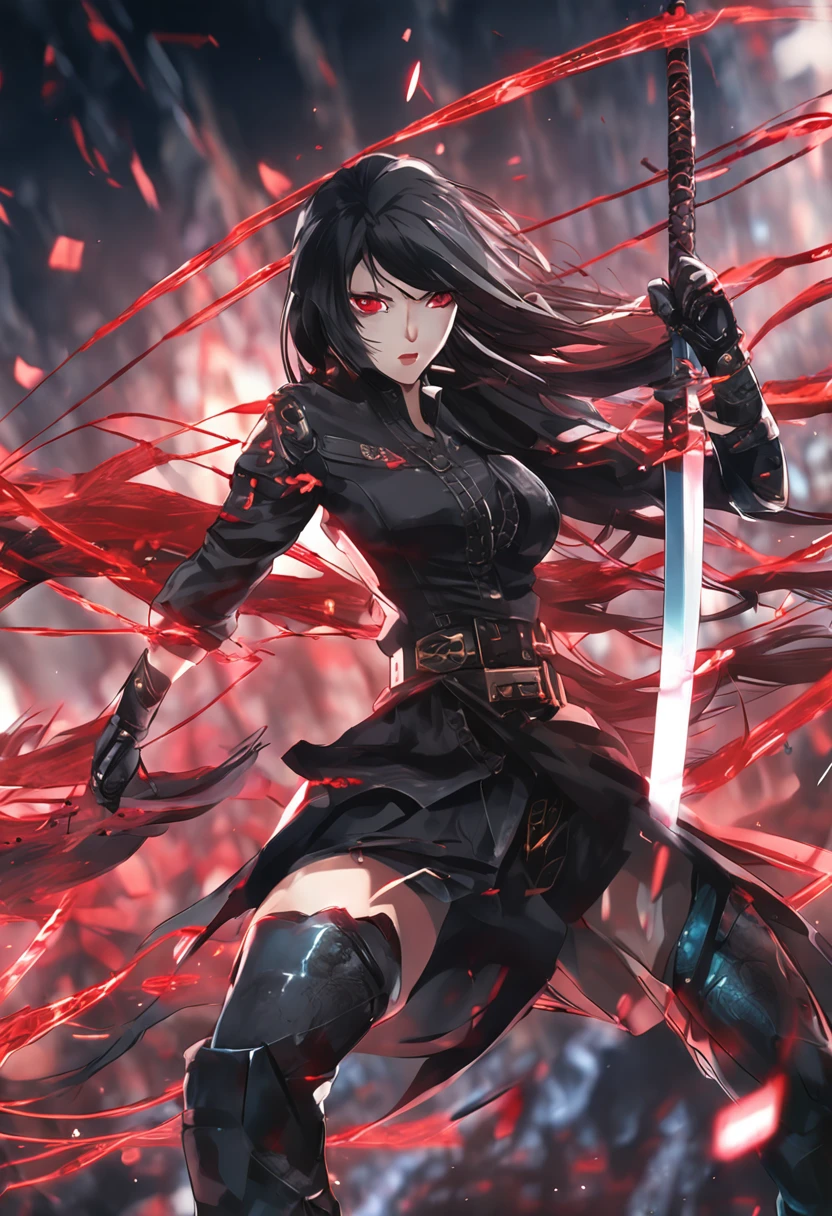 Bittonio, immortal deity, tall, well-built, agile, long black hair, piercing red eyes, determined expression, black attire, leather vest, katana master, precision, intense focus, dynamic motion, sparks, agile footwork, skilled combatant, anime style, 8k detailled
