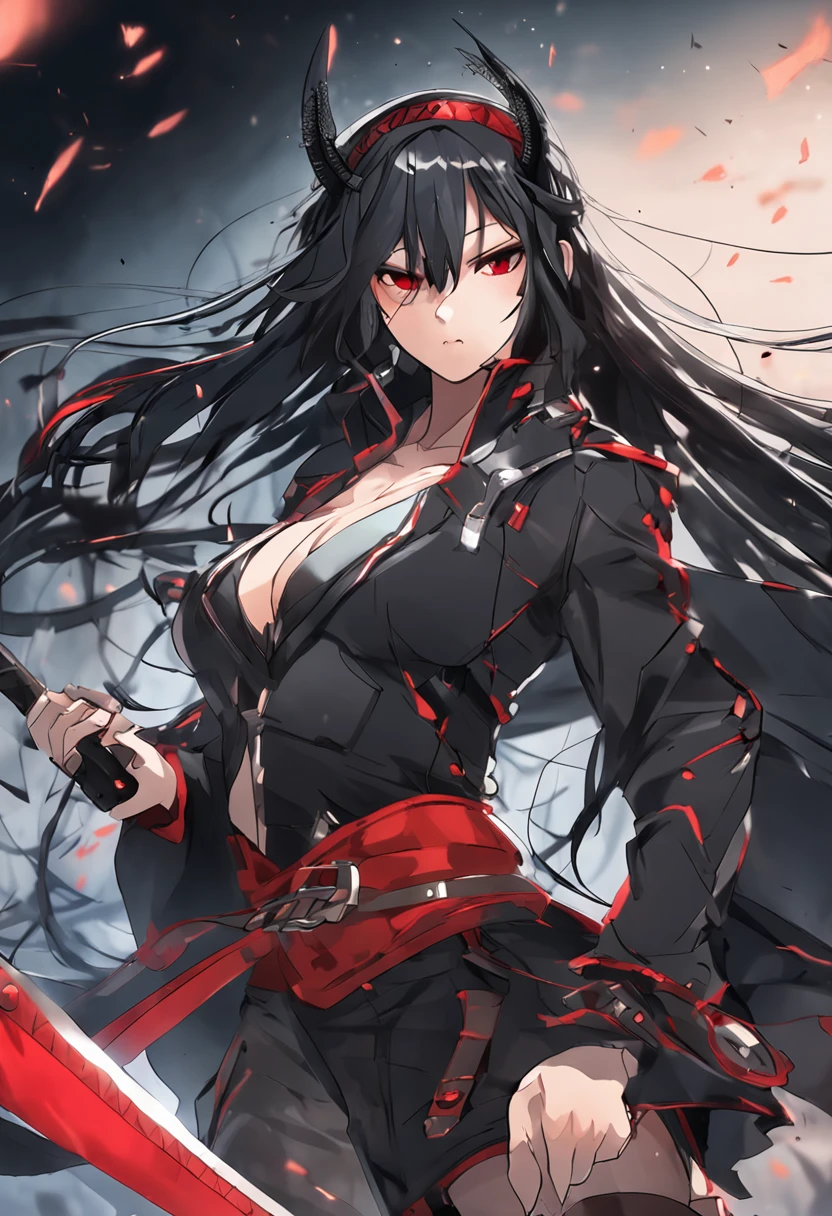 Bittonio, immortal deity, tall, well-built, agile, long black hair, piercing red eyes, determined expression, black attire, leather vest, katana master, precision, intense focus, dynamic motion, sparks, agile footwork, skilled combatant, anime style, 8k detailled