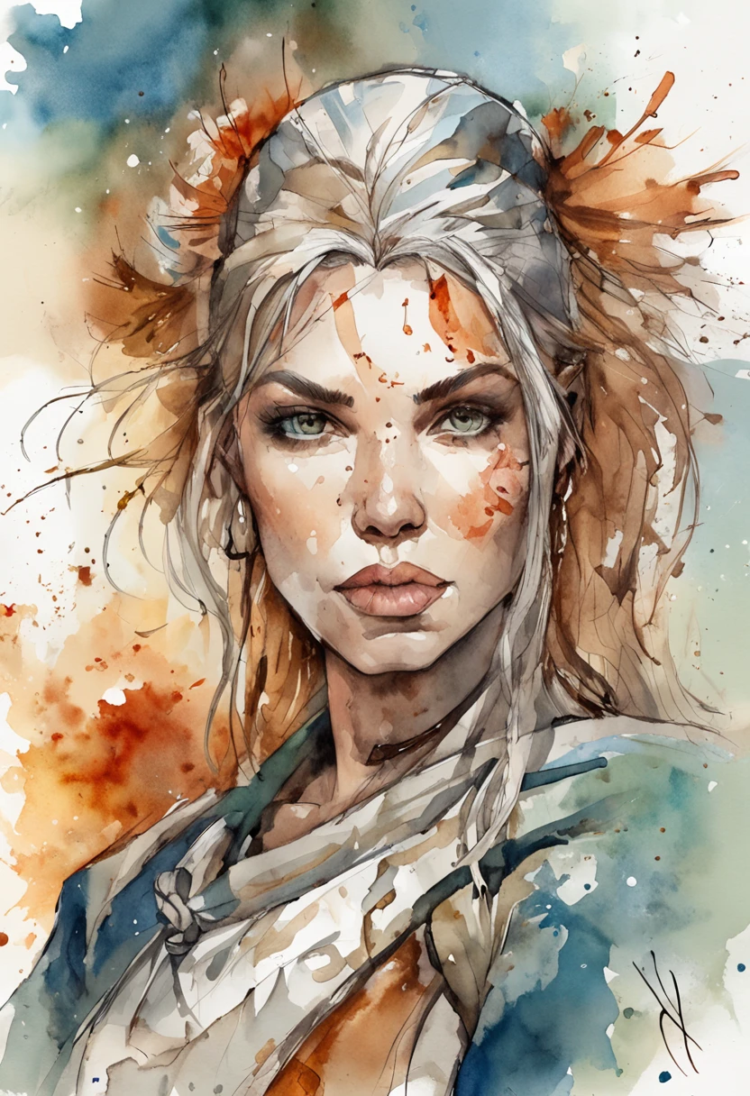 woman warrior , Ink drawing, digital illustration, Comic strip style, Watercolor, artstation style, Conceptual art, 2D illustration, by Peter Draws, by Carne Griffiths, by Wadim Kashin, Full body, centered,Detailed, smooth, dynamic pose, --v 5.1 --ar 3:4