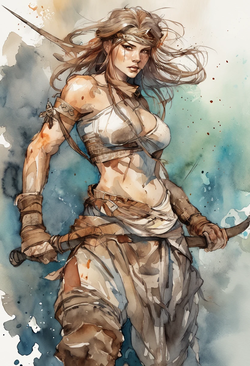 woman warrior , Ink drawing, digital illustration, Comic strip style, Watercolor, artstation style, Conceptual art, 2D illustration, by Peter Draws, by Carne Griffiths, by Wadim Kashin, Full body, centered,Detailed, smooth, dynamic pose, --v 5.1 --ar 3:4