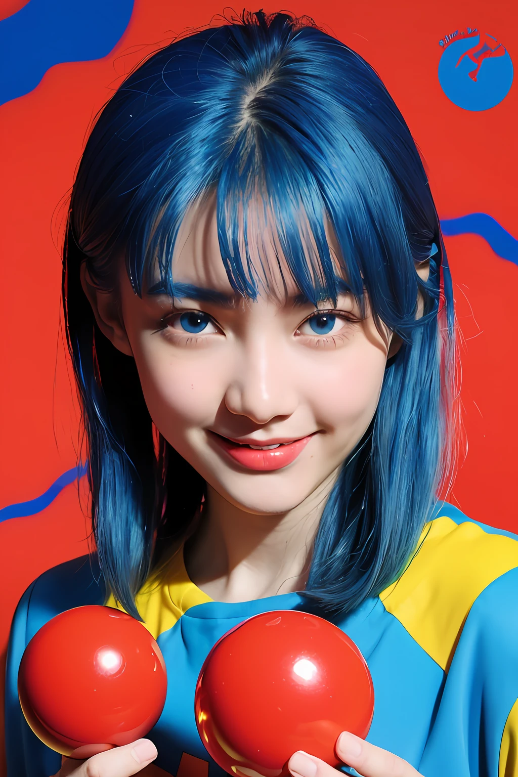 (extra detailed body、extra detailed face、best qualtiy:1.2)、femele、looking at the viewers、(Blue hair color、Colorful wacky clothes in primary colors like the work of Miró、Outstanding smile、sixteen years old、)、(Bright red balance ball on background:1.4)