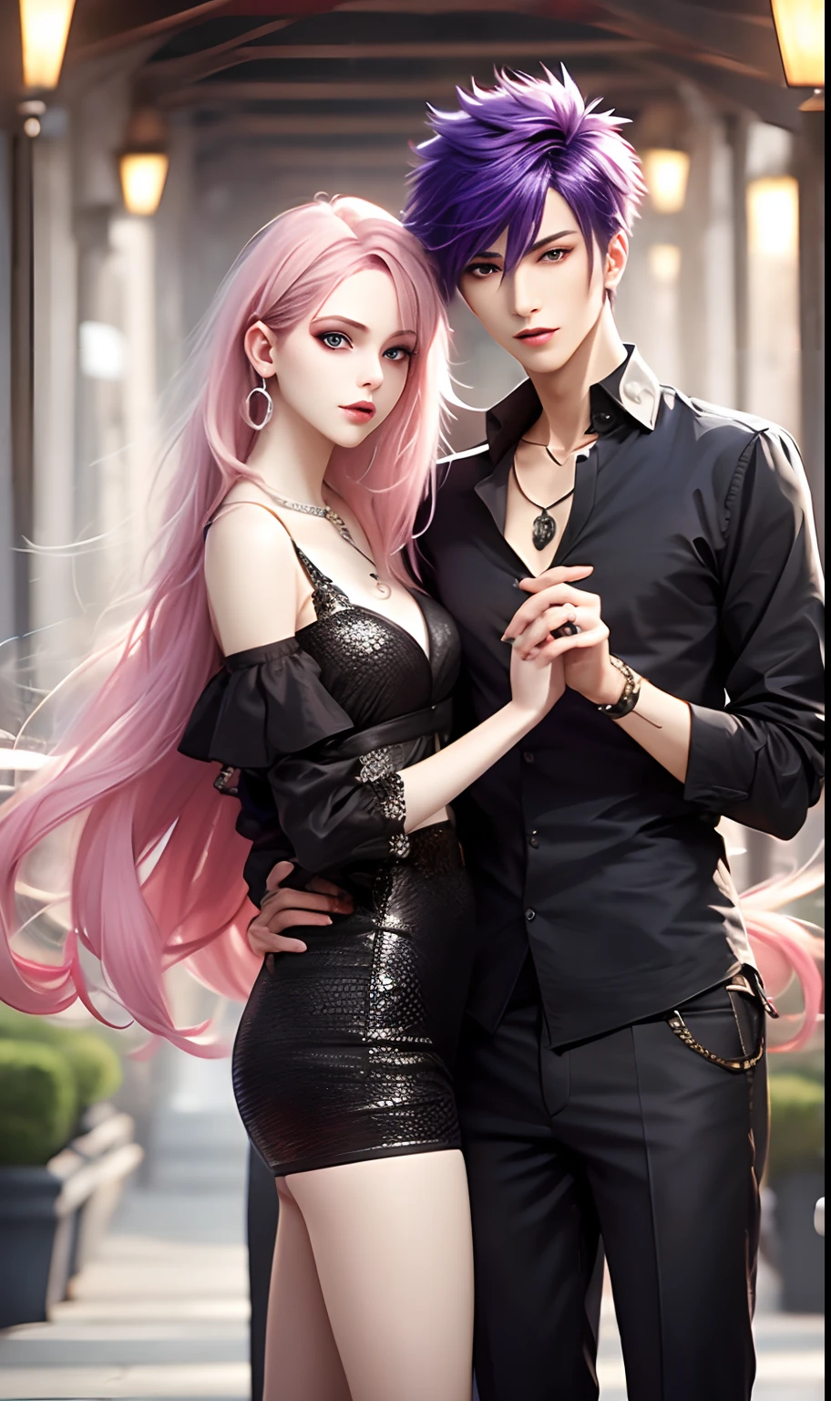 ​masterpiece, top-quality, 2Others, Male and female couples, 1 man and 1,, Adults, Height difference, different color, finely eye and detailed face, intricate detailes, Casual clothing, window, A smile, Happiness, tenderness, husband and wife, high-level image quality、 selfee, Beautiful men and women、tall、The upper part of the body、nightfall、Hand in hand, nighttime scene、𝓡𝓸𝓶𝓪𝓷𝓽𝓲𝓬、Korea person, Idol Photos, k pop, Professional Photos, Vampires, Korean fashion in black and white, Fedoman with necklace, inspired by Sim Sa-jeong, androgynous vampire, :9 detailed face: 8, extra detailed face, detailed punk hair, ((eyes are brown)) baggy eyes, Seductive. Highly detailed, semi realistic anime, Vampires, hyperrealistic teen, delicate androgynous prince, imvu, short hair above the ears, ((Man with short hair)), ((Woman with long hair)), With a purple-haired man with a wild expression, Pink hair woman with gentle expression, ((With a short-haired man with bright purple hair)), ((Woman with long pink hair below waist))