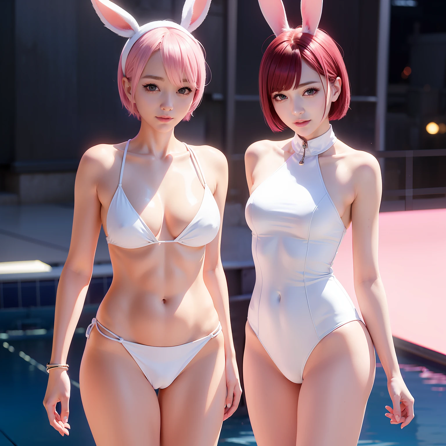 swimming pools、White Dress、Realistic rabbit ears、White shirt、rabbit ears pink hair sticking out of the head,,,,,、Korean Beauty、Beautiful shaped hands、K-POP、AKB48、Pink rabbit ears、1 girl in、独奏、masterpiece、top-quality、realisitic、Hyper-detailing、(Glossy skin:1.4)、Lustrous smile、Smiling eyes、Smiling lips、absurderes、Looking at the camera、short pink hair、red eyes、Red Eyes、Slender beauties、动态照明、hight resolution、foco nítido、depth of fields、Detailed eye、Sharp eyes、Realistic eyes、(thick thight:1.0)、Beautuful Women:1.4、Slender Abs:1.2、((Short-cut bob hair))、((k pop:1.3))、Highly detailed and skin texture、((魅惑的))、Anatomically correct number of fingers、beautiful pink nails、Correct anatomy、