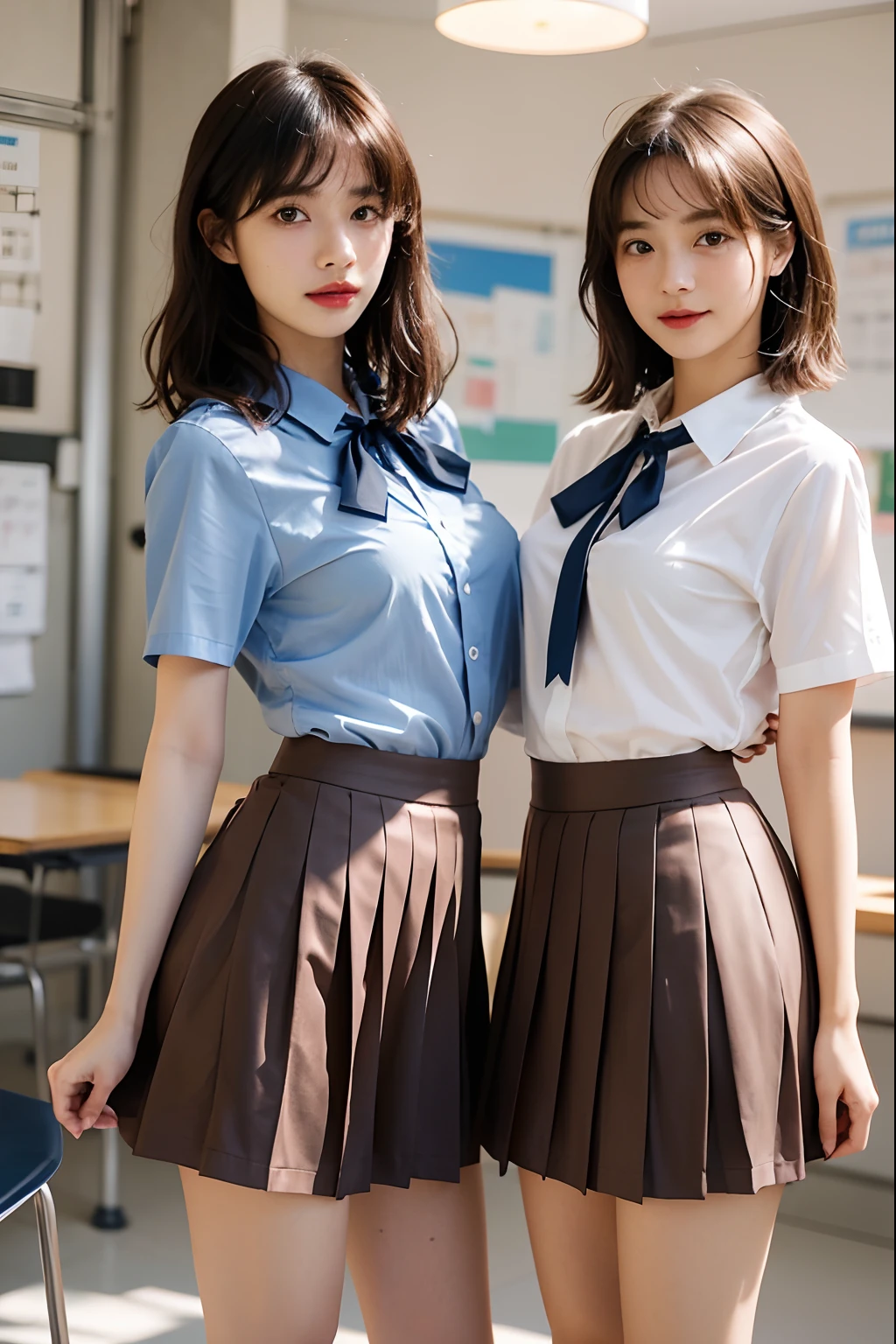 deux femmes ensemble de 18 ans sexy et mince , short sleeve uniforme école, salle de classe, se touche,position sey,sensuel