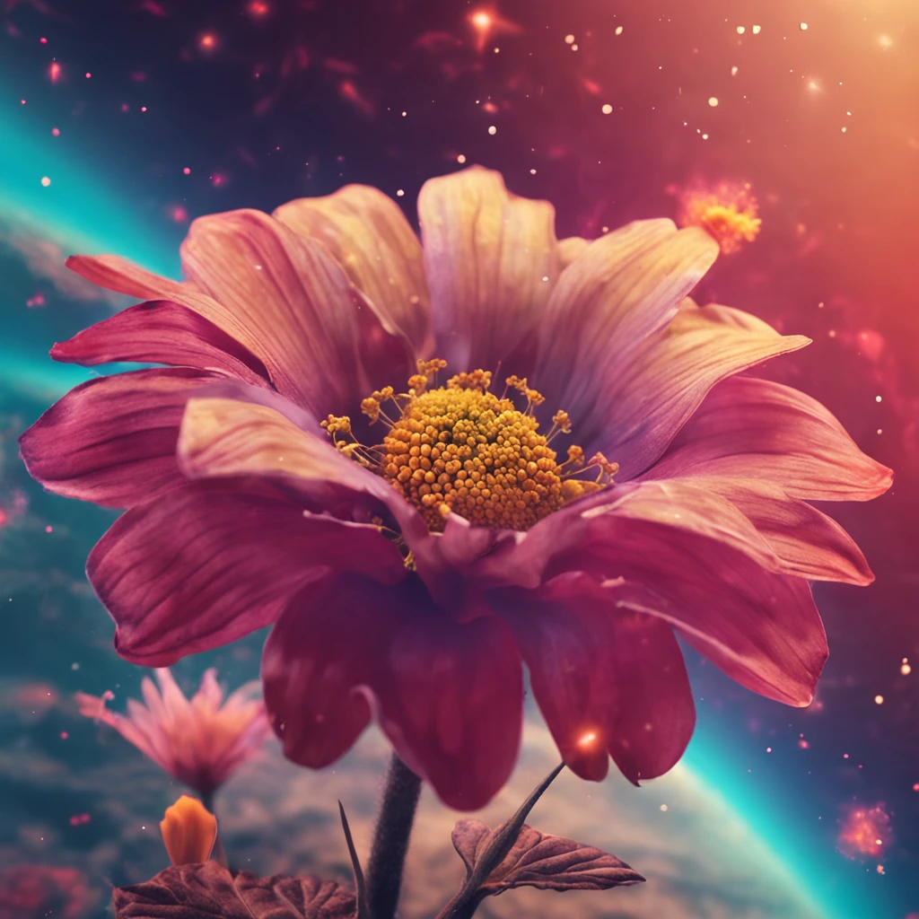 a flower growing in outer space, with planets, galaxies and spaceships behind it, Negative Space, Realistic