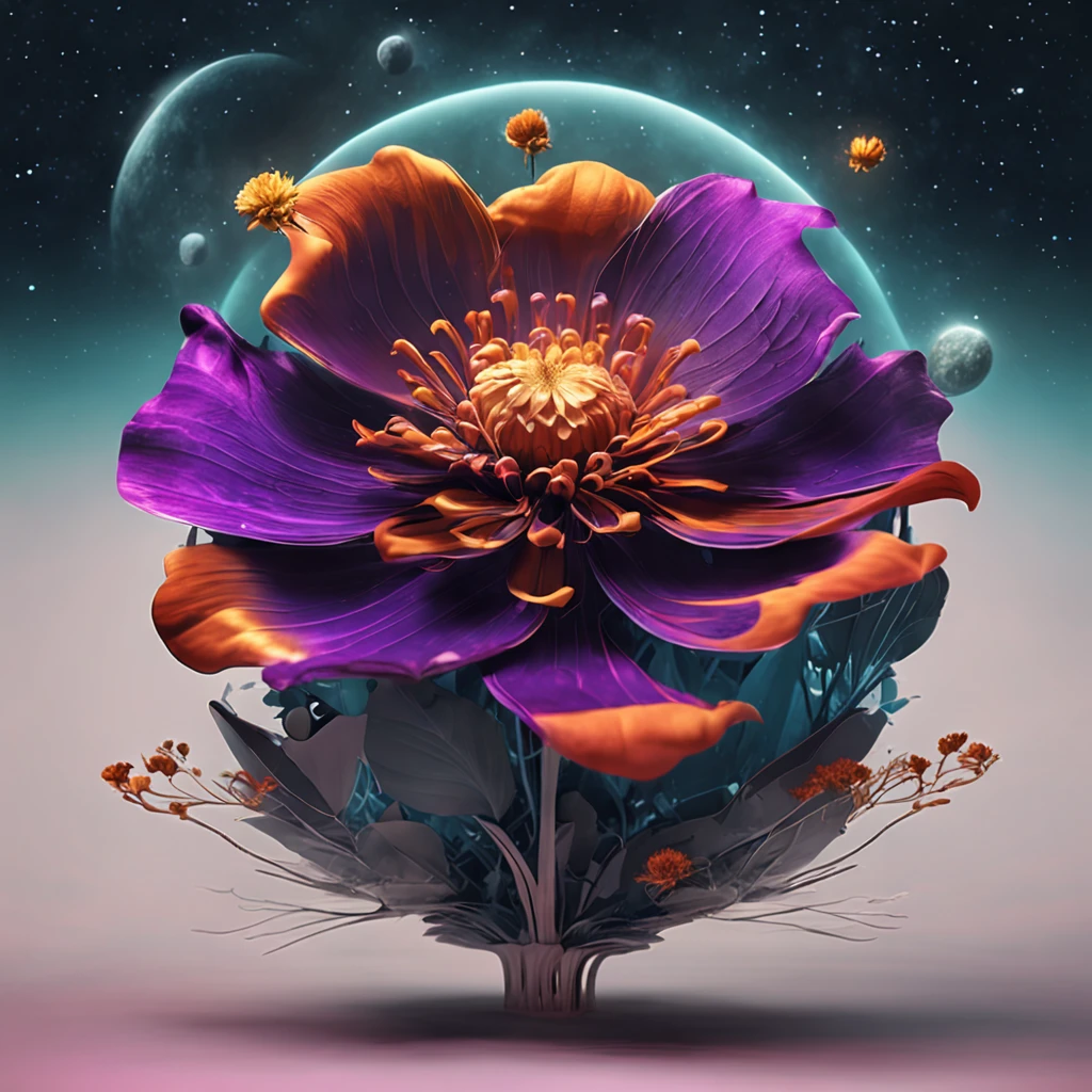 a flower growing in outer space, with planets, galaxies and spaceships behind it, Negative Space, Realistic