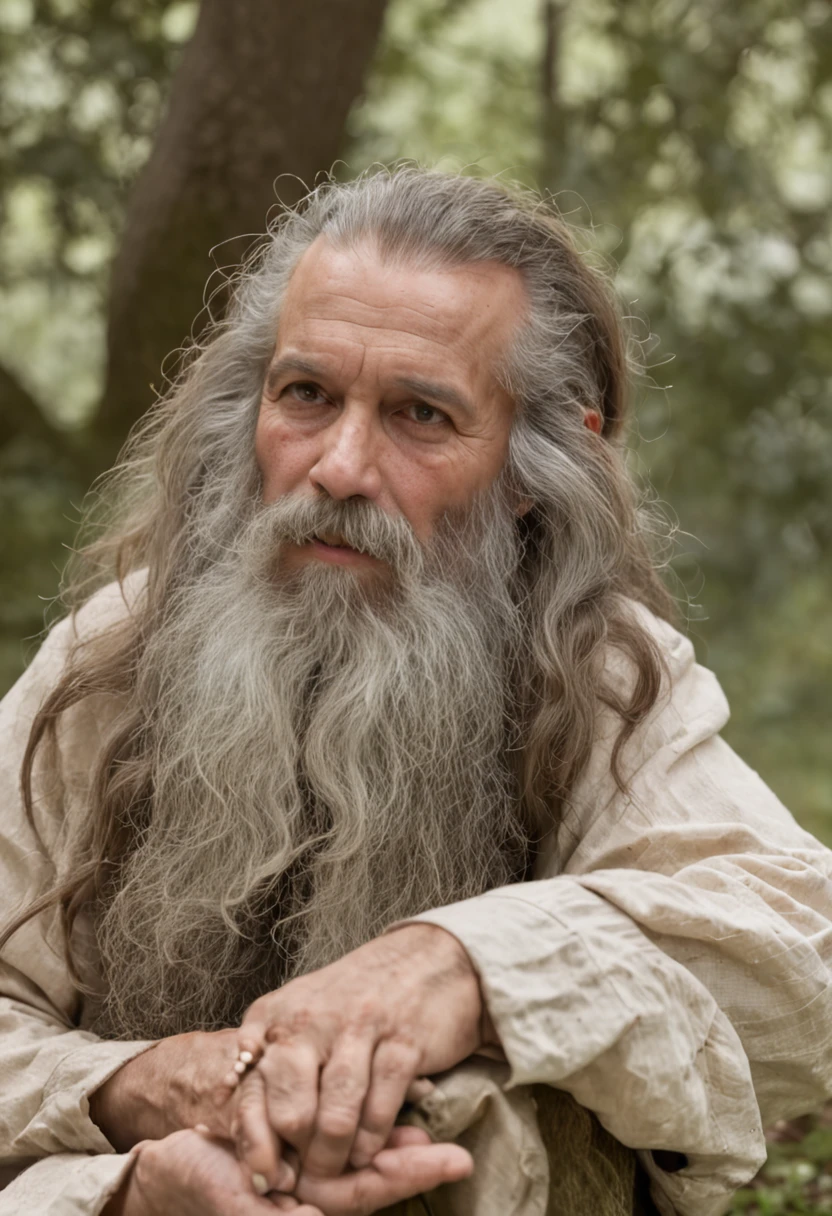 (((doende velho, doende desenho ,doende homem com barba em forma de desenhp e narigudo com olhos fofos+可爱+encantador)):1.2,cabelo branco,Chapéu the doing,roupa de doende,small foot, sitting on the grass floor,mushroom on the head,trees behind)