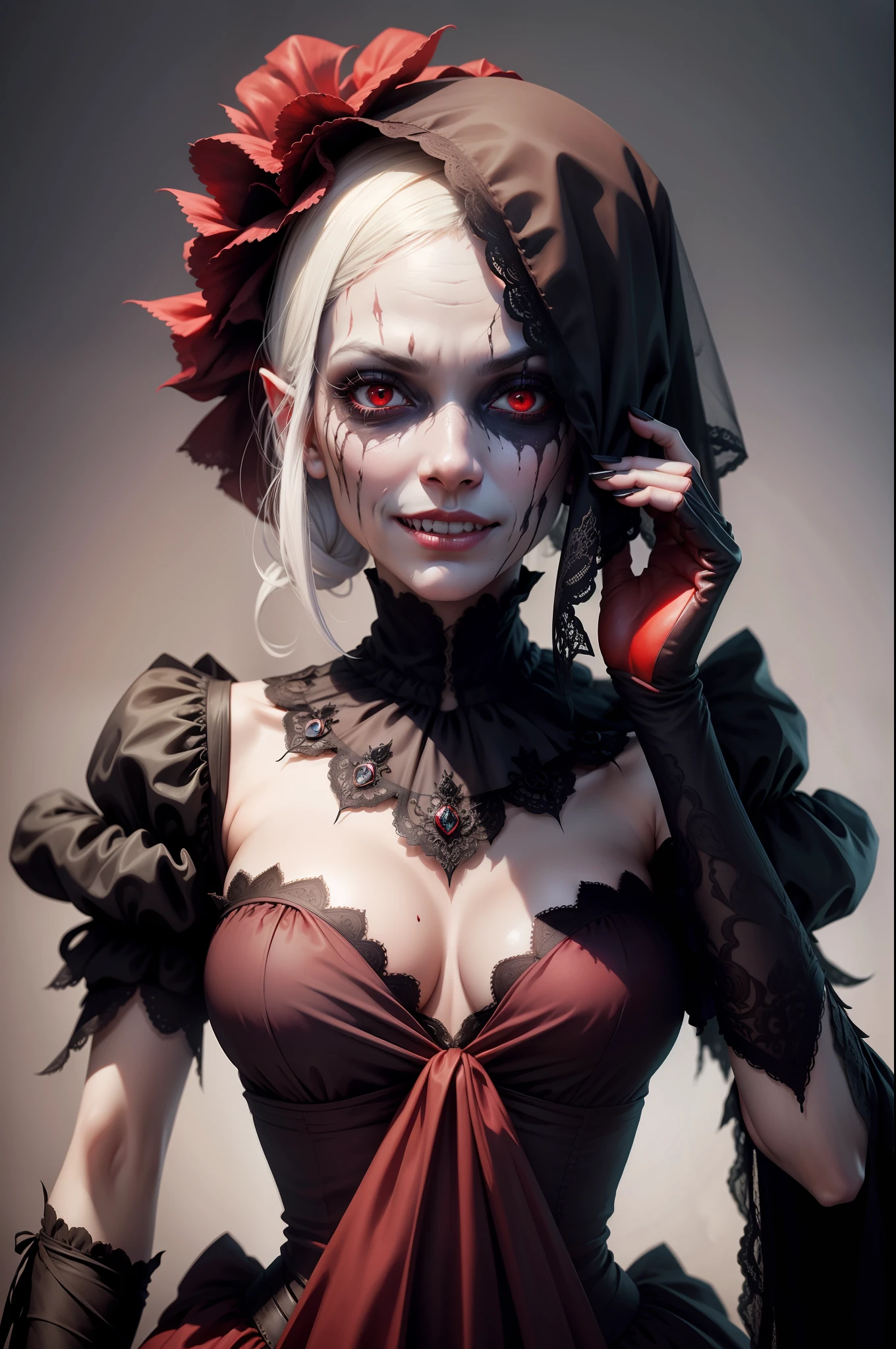 8K realistic image of an undead woman, putrid skin, wearing a veil, red demon eyes, ghoulish smile, elegant 19th century clothing, horror film photography, white background