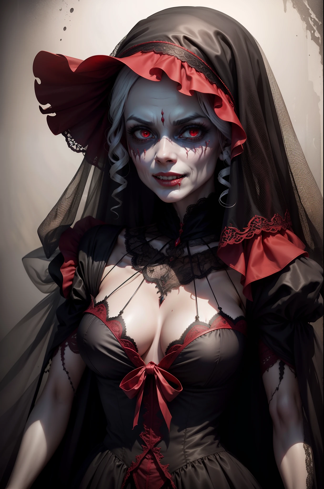 8K realistic image of an undead woman, putrid skin, wearing a veil, red demon eyes, ghoulish smile, elegant 19th century clothing, horror film photography, white background