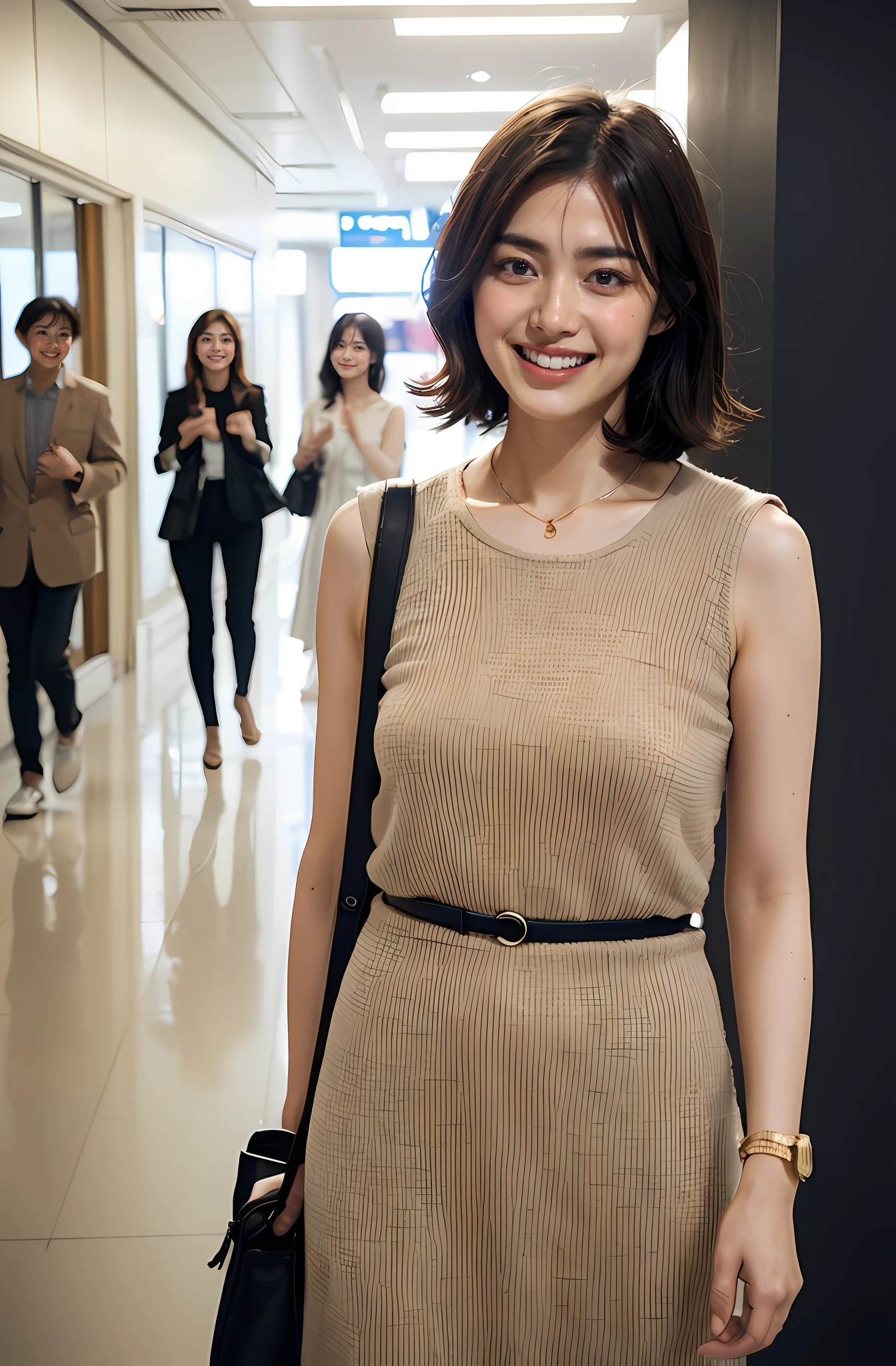 8K、top-quality、masterpiece、超A high resolution、a picture、beautiful japanese female(pleasing:1.1) 、Elegance、There is a good、clean、Moist beauty、Refreshing face、Gradient lighting、1girl in、Soft feminine、Delicate skin、Look into the distance、eyebrows thin and thin、Brown-eyed、short-cut、Beautifully put together hairstyles、Business Fashion、wrist watch、a necklace、A bracelet、the chest is very large、realisitic、Raw photography、(pureerosface_v1:0.5)、Contrast Trim Polo Neck Bodycon Dress、Onepiece、Polo shirt style dresses、Super Mini Length、the skirt is short、tote bags、Futomo、cotton clothes、Mini dress、Collared dress、no sleeves、Sleeveless、Tight、barechested、cotton clothes、no sleeves、Sleeveless、Take your eyes off、In front of the station、Yurakucho、nighttime scene、nigh sky、overtime、deep in the night、mid night、total darkness、subject、Lean、Look here、Ass big、a large bust、Kinda chubby、big butts、Bring your chest together、Feels、Mouth slightly open、Brown clothes、Ass big、Futomo、In front of the station at night、Ginza、Laugh、Smile gently、Salt face、