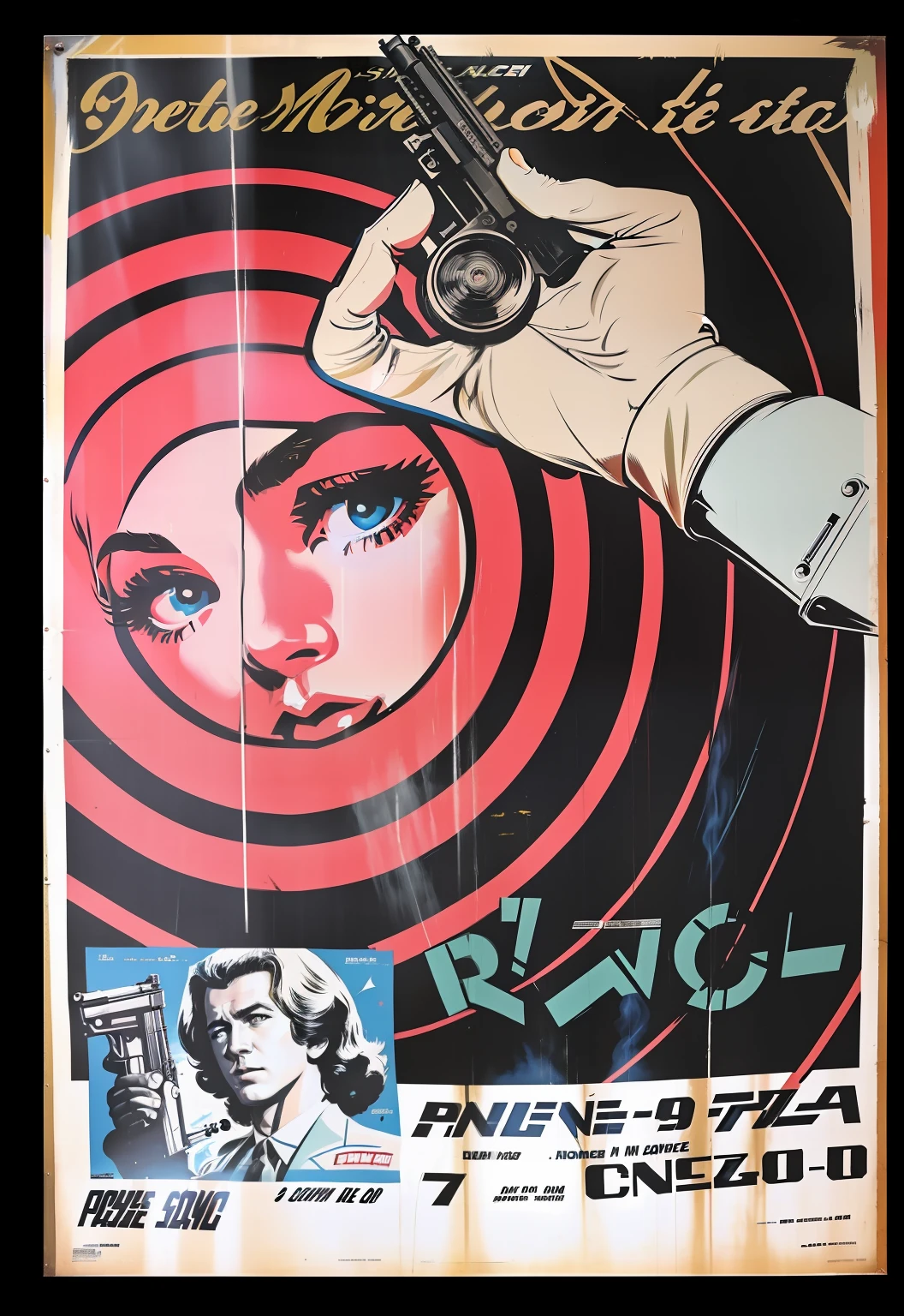 there is a poster with a picture of a man holding a gun, movie poster from 1960s, movie poster 7 0's, 1 9 7 0 s movie poster, vintage movie poster, movie poster art, movie posters, movie poster painting, cinema poster, 6 0's french movie poster, 60's french movie poster