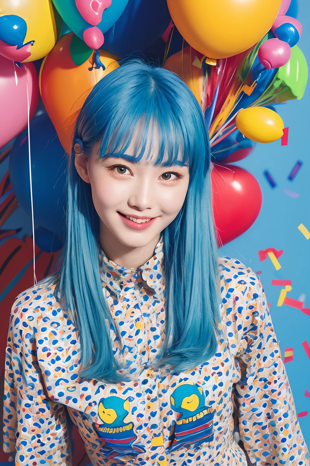 (extra detailed body、extra detailed face、best qualtiy:1.2)、femele、looking at the viewers、(Blue hair color、Clothing similar to Miró's work that is close to primary colors、a smile、)、(Colorful balloons on background:1.4)