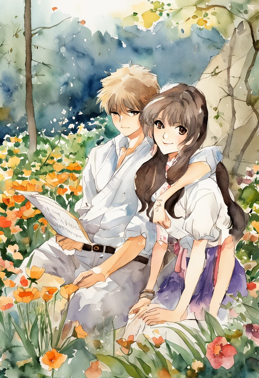 [hombre y mujer retro], Anime antiguo, 1980s \(estilo\), 1990's \(estilo\), acuarela \(Medio\), , ((La mejor calidad)), ((pieza maestra)), [detallado], [Imagen de anime y manga], [fascinante], Una pareja sentada en una cama, peleando