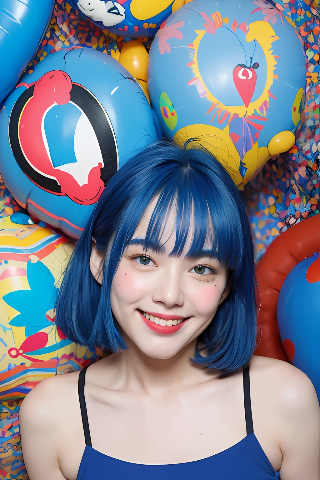 (extra detailed body、extra detailed face、best qualtiy:1.2)、femele、looking at the viewers、(Blue hair color、Clothing similar to Miró's work that is close to primary colors、a smile、17 age)、(Colorful balloons on background:1.4)