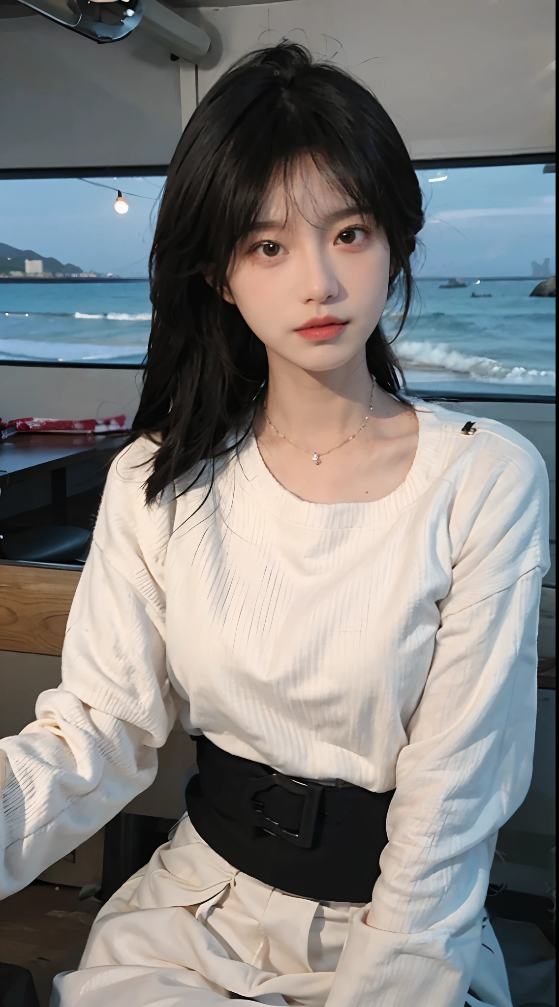 best qualtiy, 超高分辨率, (realisticlying:1.4),cute hairpin,1girll,Air bangs,with long coiled hair,Quartered sweater ,Blushlush,Beautiful woman with a slim figure:1.4, Pronounced abs,On the sandy beach,Ultra-fine face,Elaborate Eyes,二重まぶた,choker necklace
