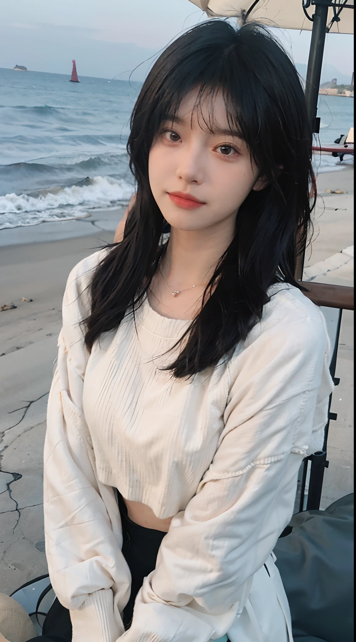 best qualtiy， 超高分辨率， （realisticlying：1.4），cute hairpin，1girll，Air bangs，with long coiled hair,Quartered sweater ，Blushlush，Beautiful woman with a slim figure:1.4, Pronounced abs，On the sandy beach,Ultra-fine face，Elaborate Eyes，二重まぶた，choker necklace