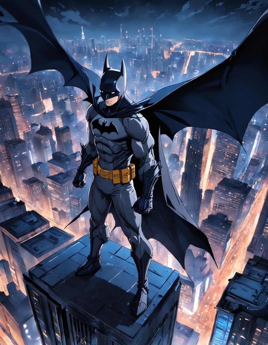 A batman on top of a gotham skyscraper, cena de filme 8k tema escuro, ::n_ , Imperfection, baixa qualidade, boneco, jogo, texto, assinatura