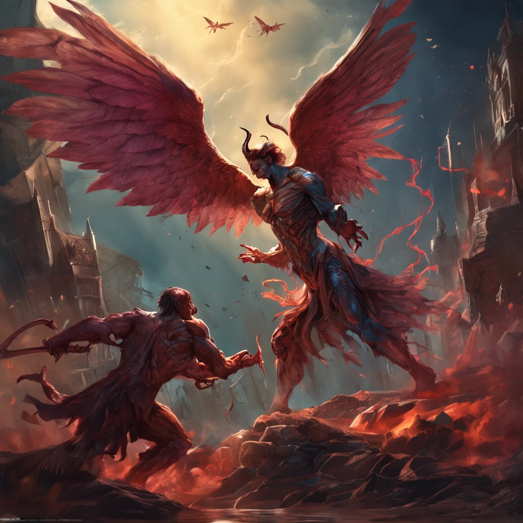 an beautiful angel fighting a demon