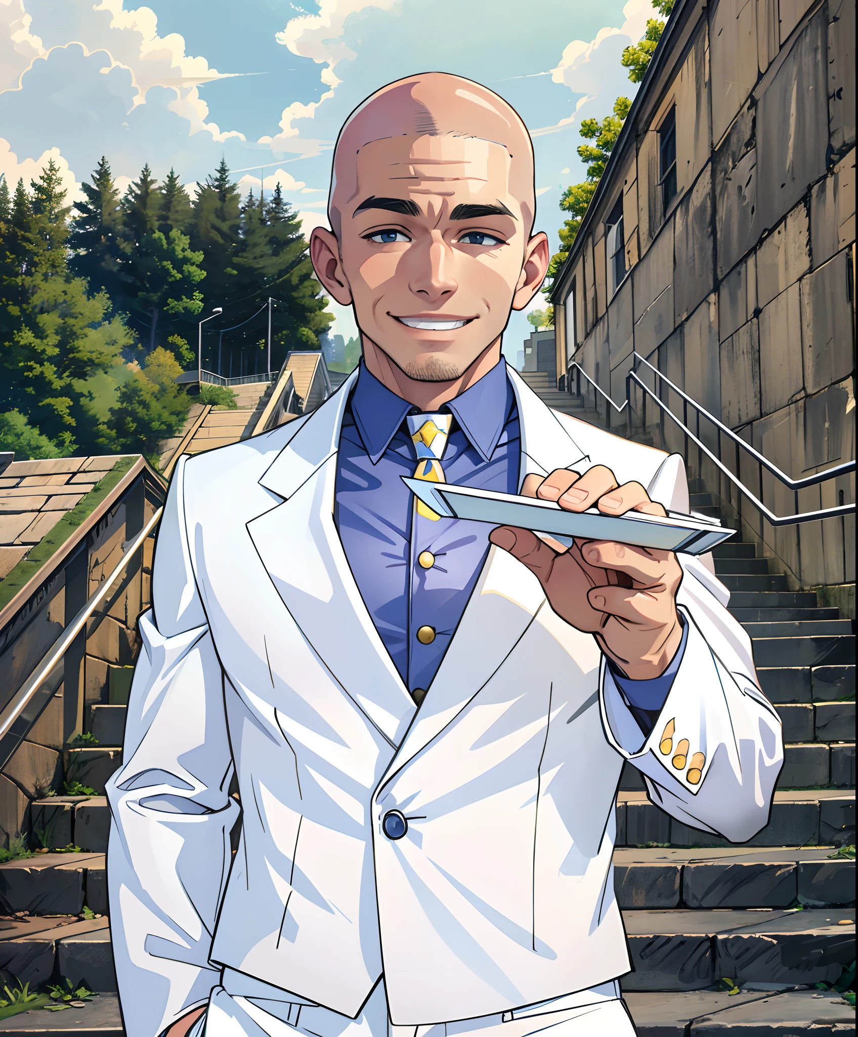 Man, smiling, muscular, with a ager's face, bald, wearing white suit