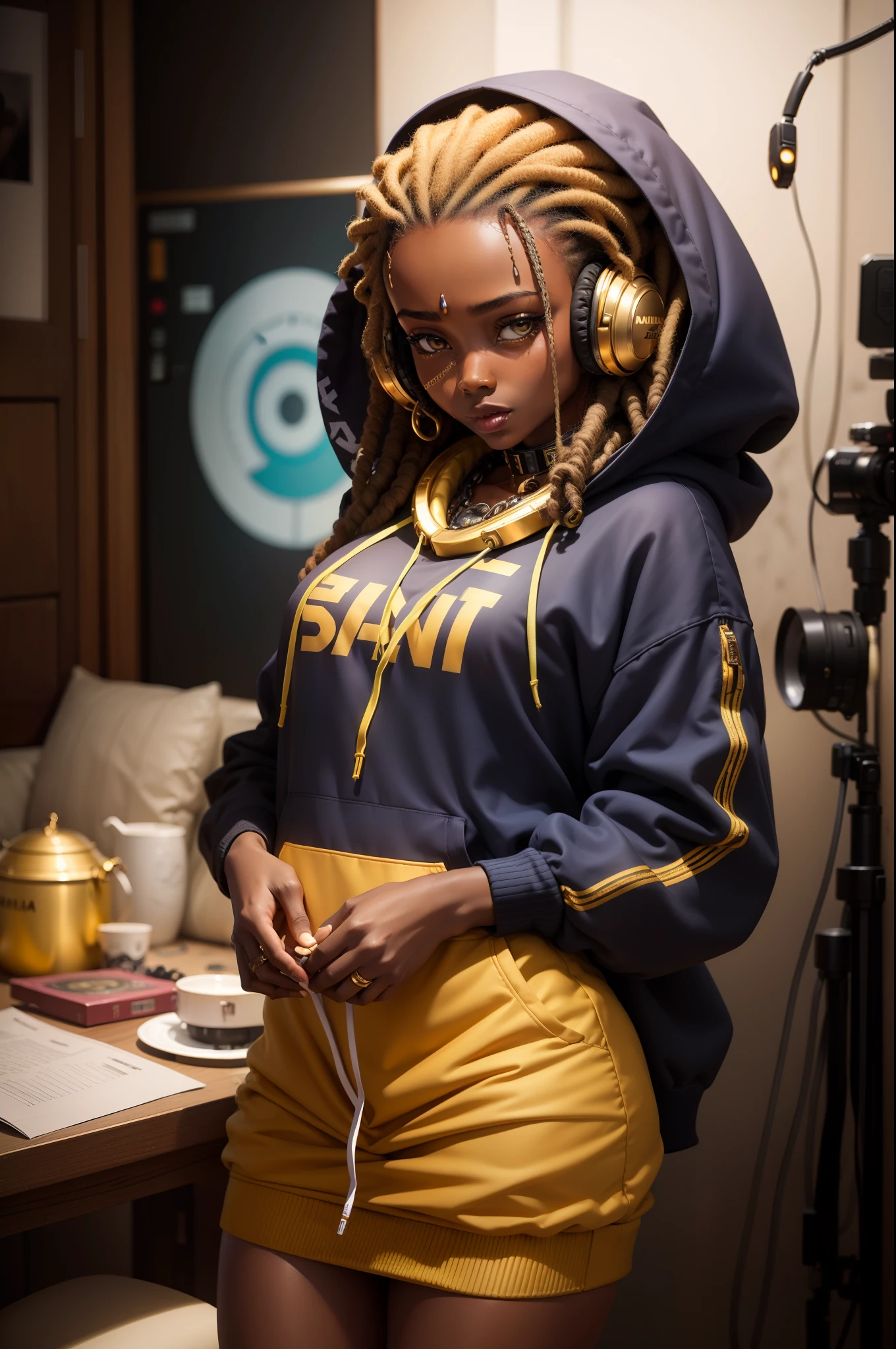 a beautiful (dark skin) woman, hair dreadlocks (EMB_fshnsta-13000:0.9), ((clothes retro hip hop hoody with golden headphones around her neck)), tcg artwork, hyper realism, perfect rendered face, perfect face details, photographic, contemporary, hyper realism, (full body:1.2), professional, canon camera, nikon camera, sharp, bokeh, studio quality, HD, cozy, cinematographic, by Seydou Keïta, by Zanele Muholi, by Aida Muluneh, by Prince Gyasi Nyantakyi ((sfw))