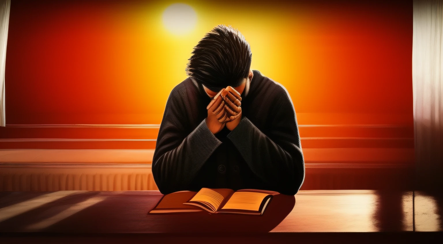 imagem de uma pessoa sentada em uma mesa com um livro, kneeling in prayer, praying, Rezando ao Sol, doing a prayer, Prayer, orar meditando, praying posture, religioso, Rezar com tabaco, religión, his hands buried in his face, he is all alone, listening to godly music, Absorto em pensamentos, cristianismo, Ajoelhado