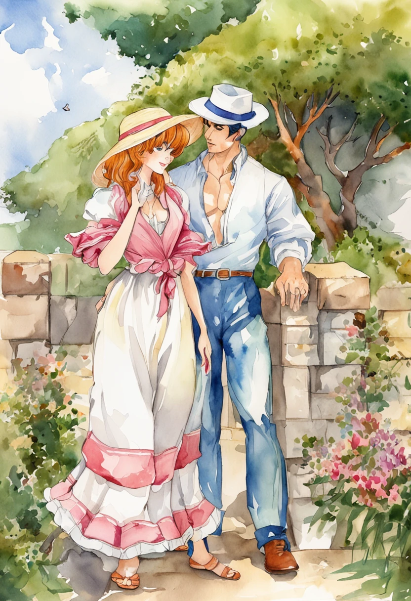 [hombre y mujer retro], Anime antiguo, 1980s \(estilo\), 1990's \(estilo\), acuarela \(Medio\), , ((La mejor calidad)), ((pieza maestra)), [detallado], [Imagen de anime y manga], [fascinante], A happy couple enjoying a day at the beach