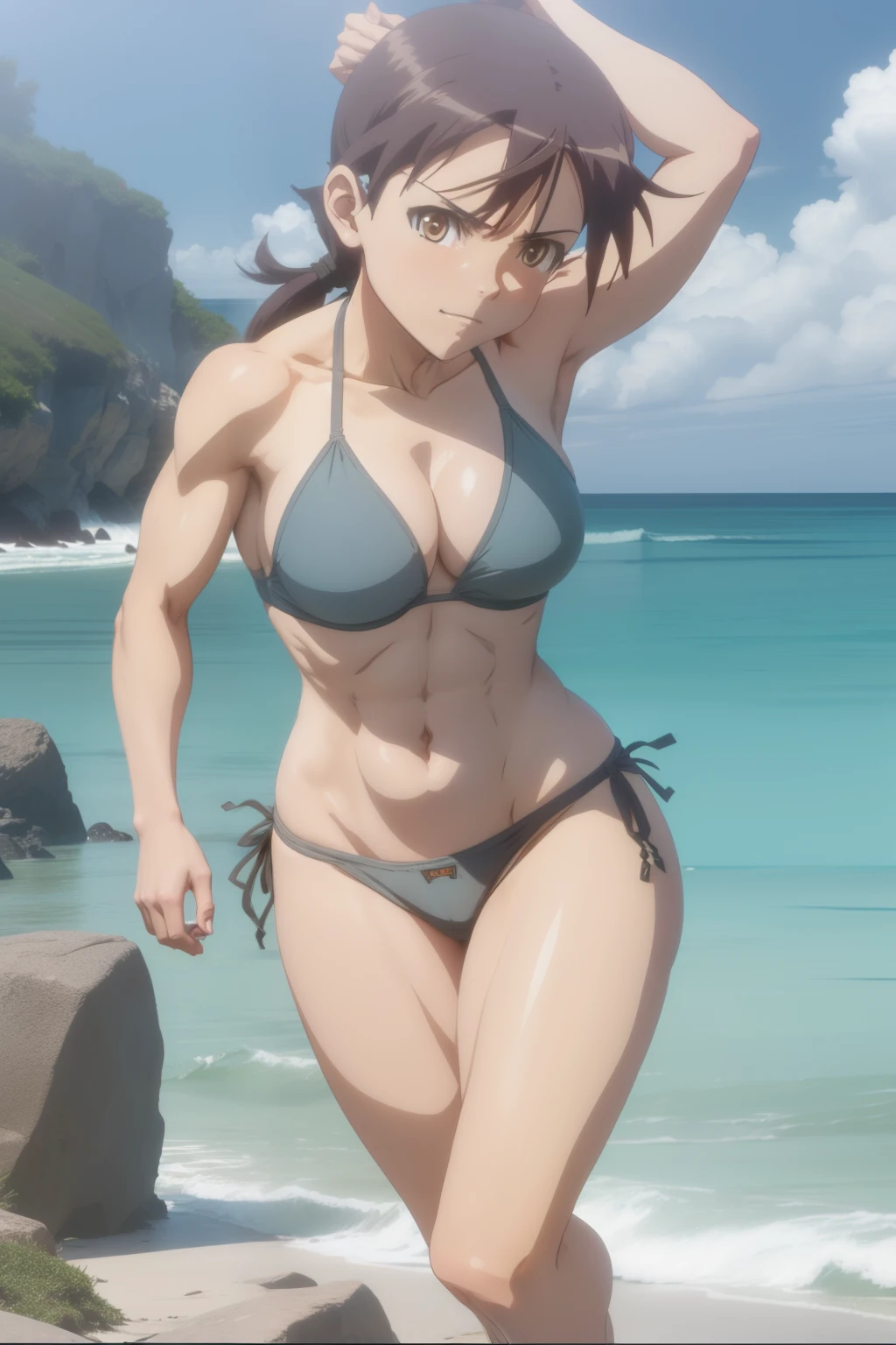 gertrud barkhorn, 1girl, swimsuit, bikini, abs, toned, muscular, muscular female, beach, outdoors, sandals, anime, anime screencap, twin ponytails, feet