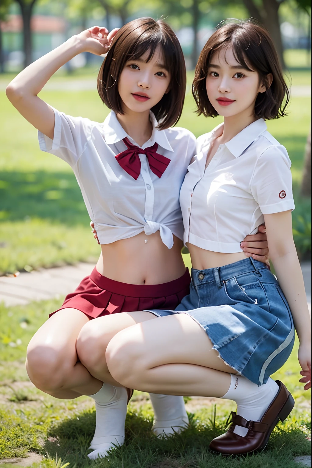 closeup cleavage, tmasterpiece, (((2girls,duo,caressing the))),top-quality, full anatomy、RAW photogr, Photorealsitic, faces, unbelievable Ridiculous, beuaty girl, Cute Baby Turtle, short detailed hair、depth of fields, A high resolution, ultra - detailed, finedetail, The is very detailed, extremely detailed eye and face, Realistic pupils, foco nítido, Cinematic lighting、flat breast、smallunderboob、small tits、(Petite bust:1.2)、Petite bust、 (MuCoi、small tit、flat boobs、small tit)、 a 20 yo woman、Sexual facial expressions、sexyposture、 (panties are visible)、 Wet body、Blushing、full of sweat、It's embarrassing、The face is bright red、short-hair、Straight wave、Shorthair with bangs、A smile、Girl student uniform、panties are visible from the skirt、Very detailed 8K wallpaper、Sheer white shirt、The collar has a navy blue bow、dark blue pleated micro mini、Show me your whole body、Busty panties、white sox、Lift the hem of the skirt、Lift the hem of the skirt with both hands、Lift the hem of the skirt yourself,、It stands、Classroom、depth of fields、bokeh in the background、((Wear the shirt directly on bare skin、The shirt was soaked))、Brown hair