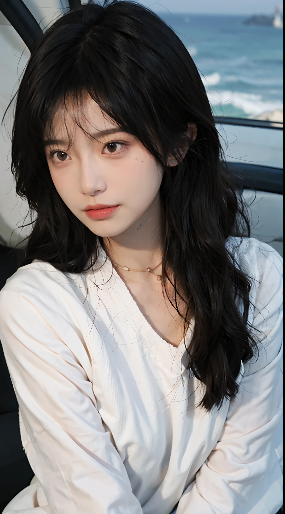 best qualtiy, 超高分辨率, (realisticlying:1.4),cute hairpin,1girll,Air bangs,with long coiled hair,Quartered sweater ,Blushlush,Beautiful woman with a slim figure:1.4, Pronounced abs,On the sandy beach,Ultra-fine face,Elaborate Eyes,二重まぶた,choker necklace