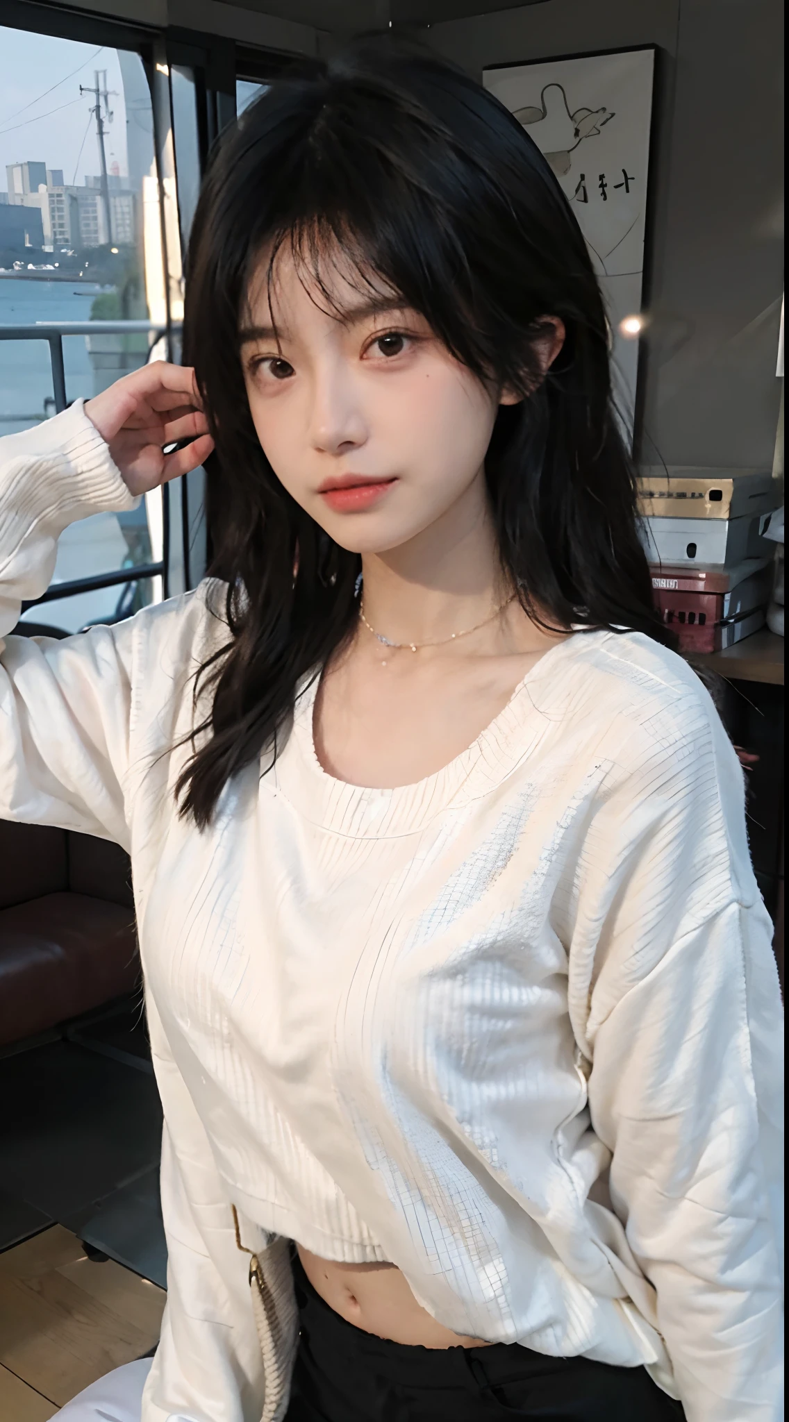 best qualtiy, 超高分辨率, (realisticlying:1.4),cute hairpin,1girll,Air bangs,with long coiled hair,Quartered sweater ,Blushlush,Beautiful woman with a slim figure:1.4, Pronounced abs,On the sandy beach,Ultra-fine face,Elaborate Eyes,二重まぶた,choker necklace