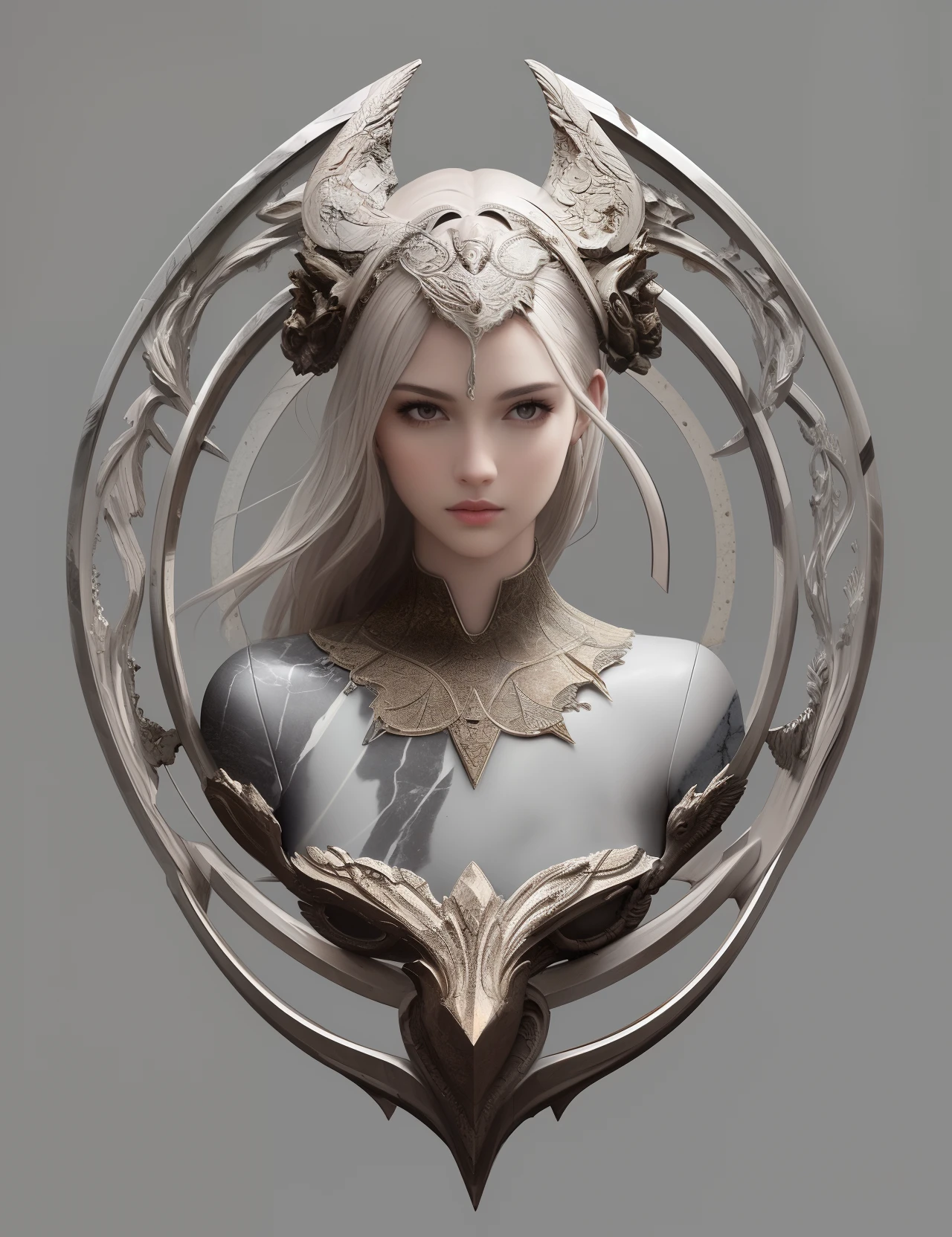 Masterpiece,Grey Marble,Sculptor, Sculpture, Cracked Marble:0.4,1 Woman ,Marble Statue,Action Figure, Giger, Full Body,Marble Croptop,Back Lighting, Realistic Portrait, Symmetrical, Strong, Intricate Drawing, Highly Detailed , Digital Painting, Art Station, Concept Art, Fluid, Sharp Focus, Pale Gray Skin, Pale Eyes.