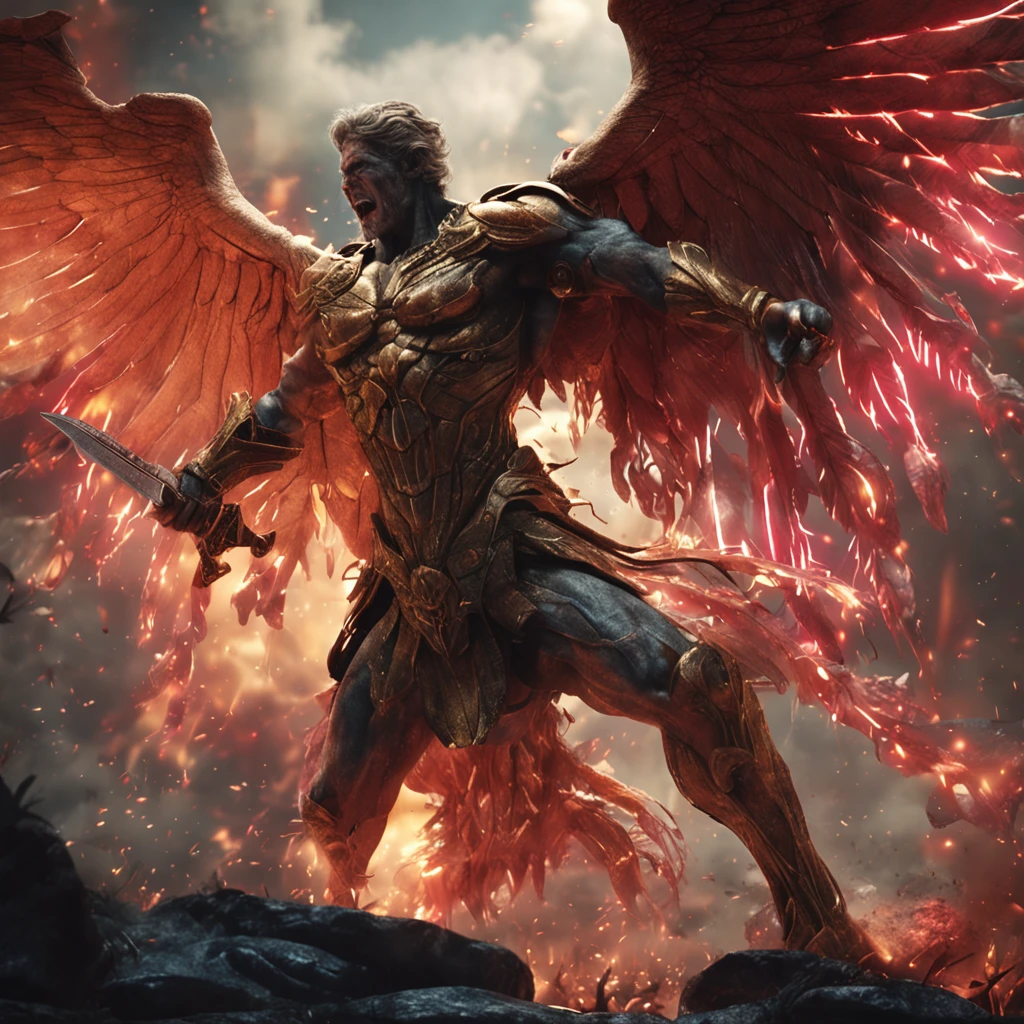 an beautiful angel fighting a demon