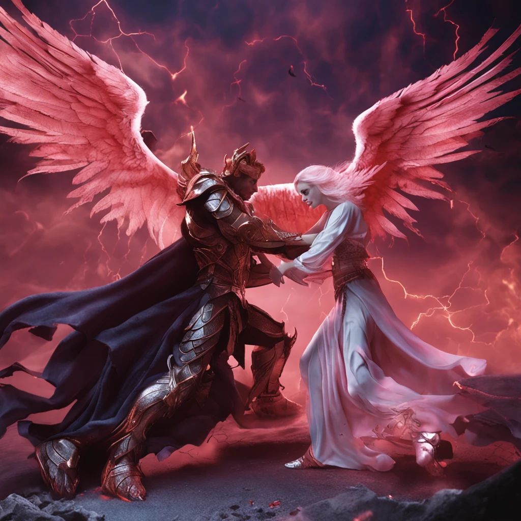 an beautiful angel fighting a demon