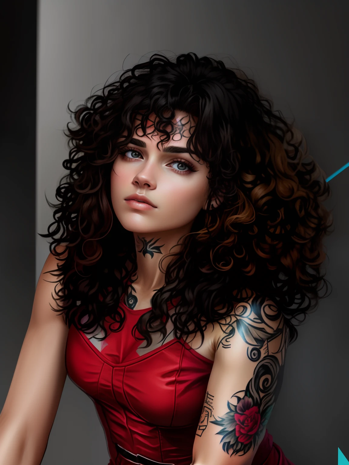 there is a woman with a tattoo on her arm and a red dress, franja encaracolado, cabelos castanhos cacheados, cabelos cacheados, cabelos castanhos cacheados, messy curly hair, long messy curly hair, cabelos cacheados, longos cabelos castanhos inchados cacheados, com longos cabelos cacheados, cabelos cacheados claros, (cabelos cacheados escuros e curtos), seu rosto emoldurado com cachos, com cacheado longo