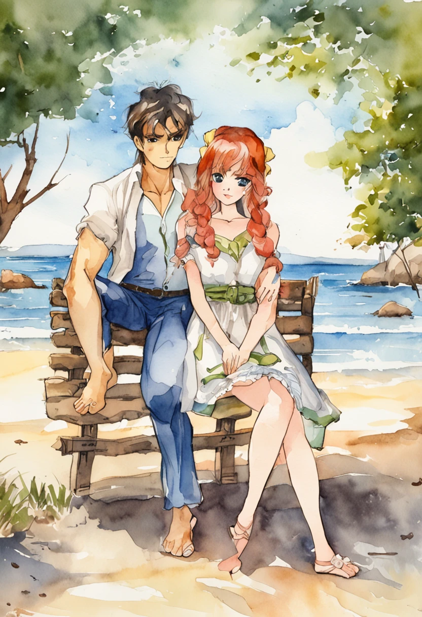 [hombre y mujer retro], Anime antiguo, 1980s \(estilo\), 1990's \(estilo\), acuarela \(Medio\), , ((La mejor calidad)), ((pieza maestra)), [detallado], [Imagen de anime y manga], [fascinante], A happy couple enjoying a day at the beach