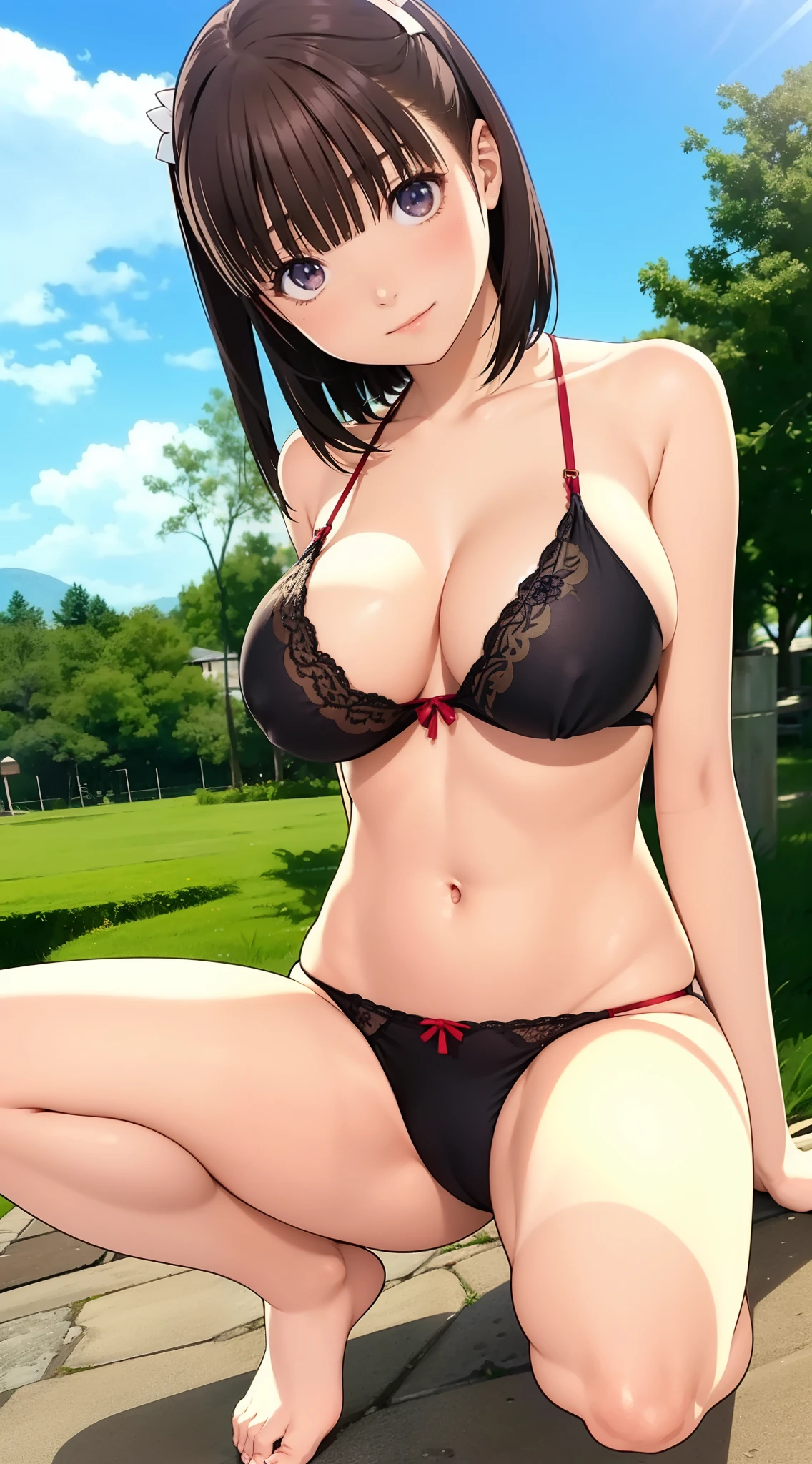 Nime,Anime 3D Style,Smooth Anime CG,1 girl in,18-year-old woman in Japan,slim,modeled,shiny chestnut hair,Medium Hair,Detailed face,Beautiful and detailed eyes,glistning skin,((breastsout、tits out)),((pubick hair)),randome pose,Summer sky and meadow background,Background blur,The wind is blowing,nudde、、fullnude、tits out、Squat with your knees bent、small areolas