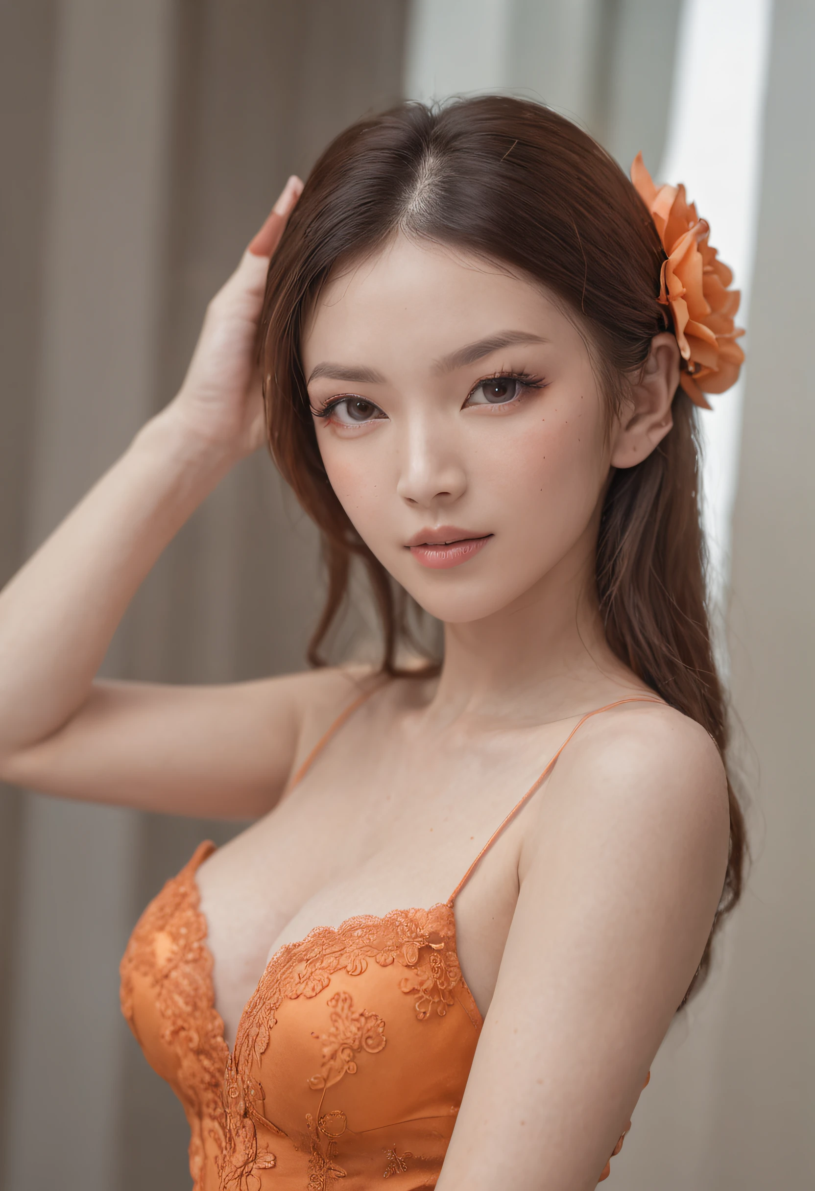 Female Magician，Orange pantyhose，Super Detail，Anatomically correct，ccurate， Body adjustment，photo portrait，slender thigh，Delicate Makeup，（yangmi），((Solo)), Adult, In the office,entreaty, strokes_herself，Full body photo from head to toe
