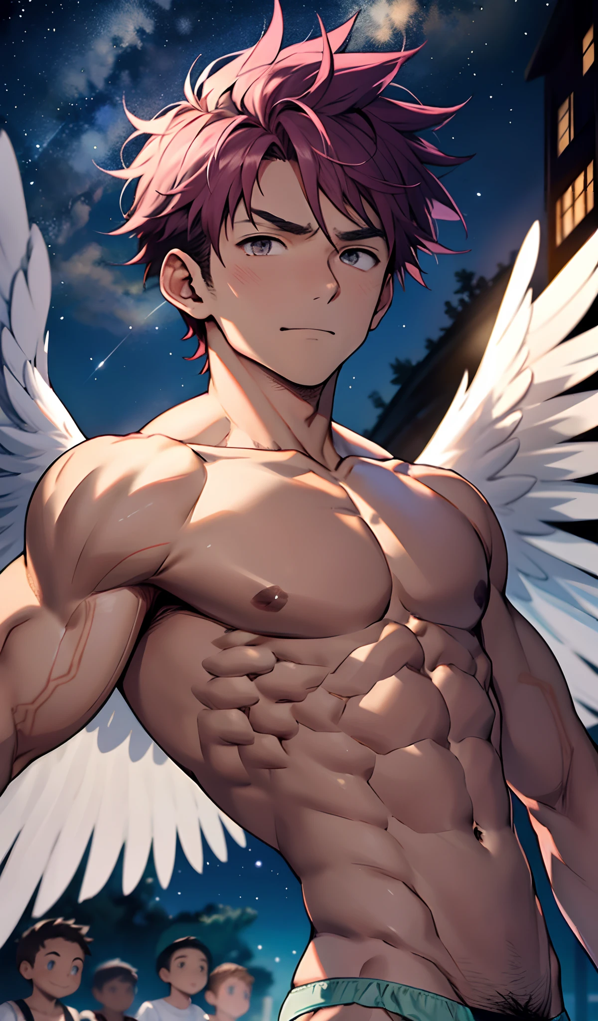 (masterpiece, best quality),Soar among the stars,Fly in the air,afloat,Light golden feathered wings,Pink briefs,Male children,,Kid's face,Flat chin,infancy,(Kid's face),Pink belly hair,Pink chest hair,Pink pubic hair,Flat chin,Fine face in detail,White men's briefs,musculous,Short dark purple hair,Bright Hair,White eyes,Keep your eyes wide open,,White briefs,White briefs,Pectoralis abdominal muscles,Strong and well-developed muscles,bright,Bright and vivid colors,(depth of fields:1.2),Positive audience,looking at viewert,the night