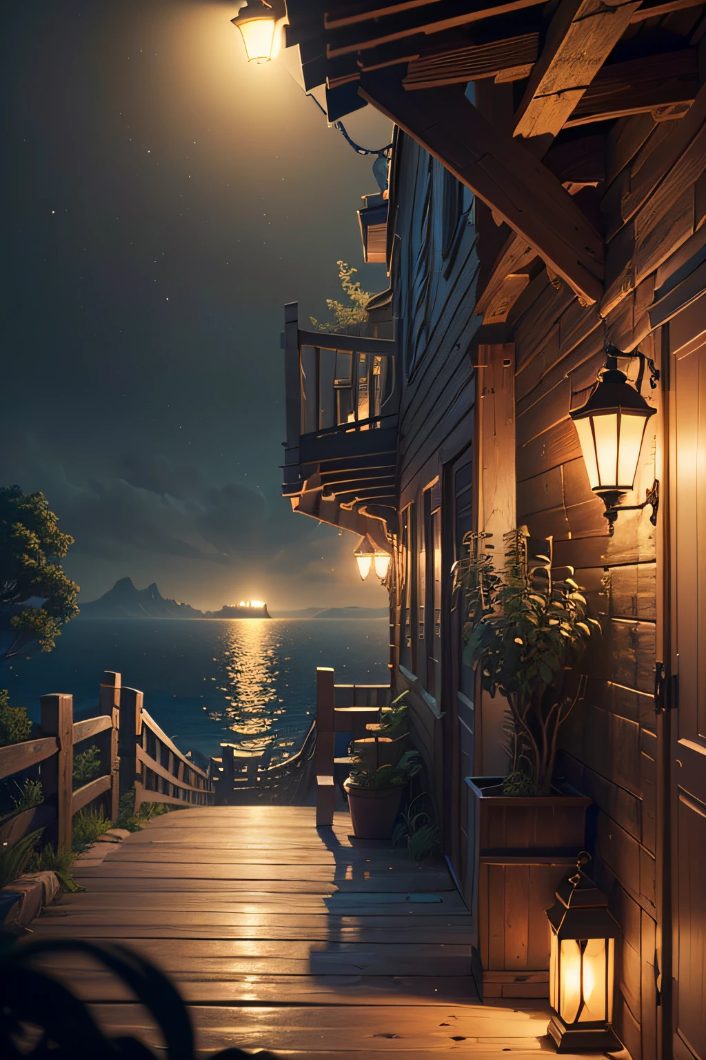 Masterpiece, best quality, (very detailed CG unity 8k wallpaper), (best quality), (best illustration), (best shadows), pirate haven, pirate cove, secret, secretive, nighttime, lamps, sea monsters, pirate, pirates