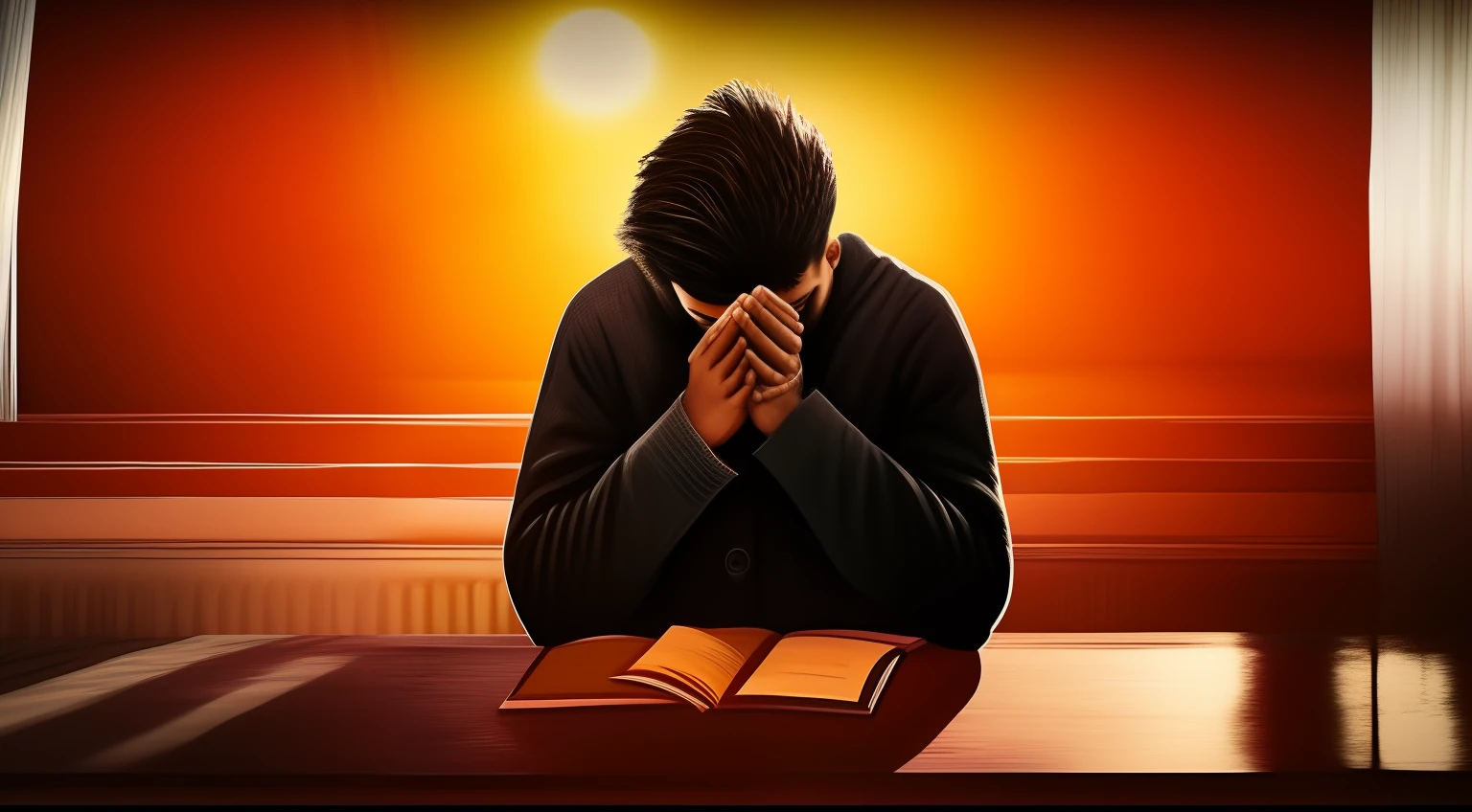 imagem de uma pessoa sentada em uma mesa com um livro, kneeling in prayer, praying, Rezando ao Sol, doing a prayer, Prayer, orar meditando, praying posture, religioso, Rezar com tabaco, religión, his hands buried in his face, he is all alone, listening to godly music, Absorto em pensamentos, cristianismo, Ajoelhado