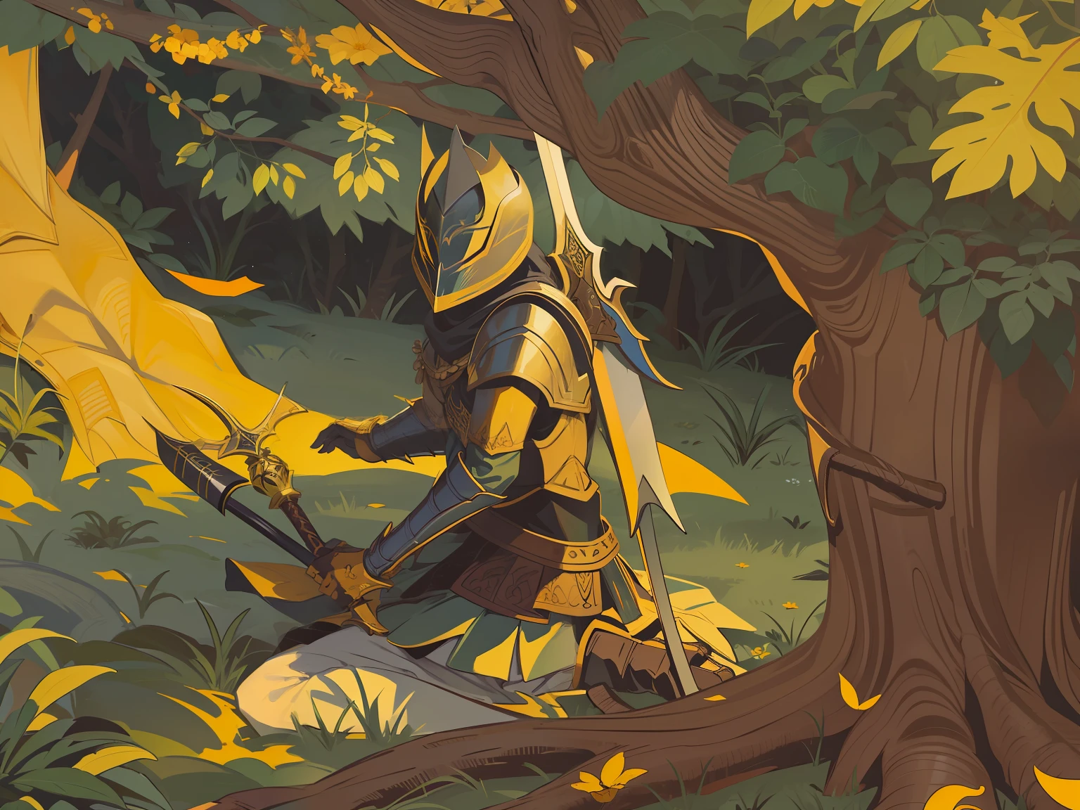 Estilo D&D um ser com uma armadura na floresta dourada,com o clima num tom amarelo de sol se ponto, com um espada nas costas