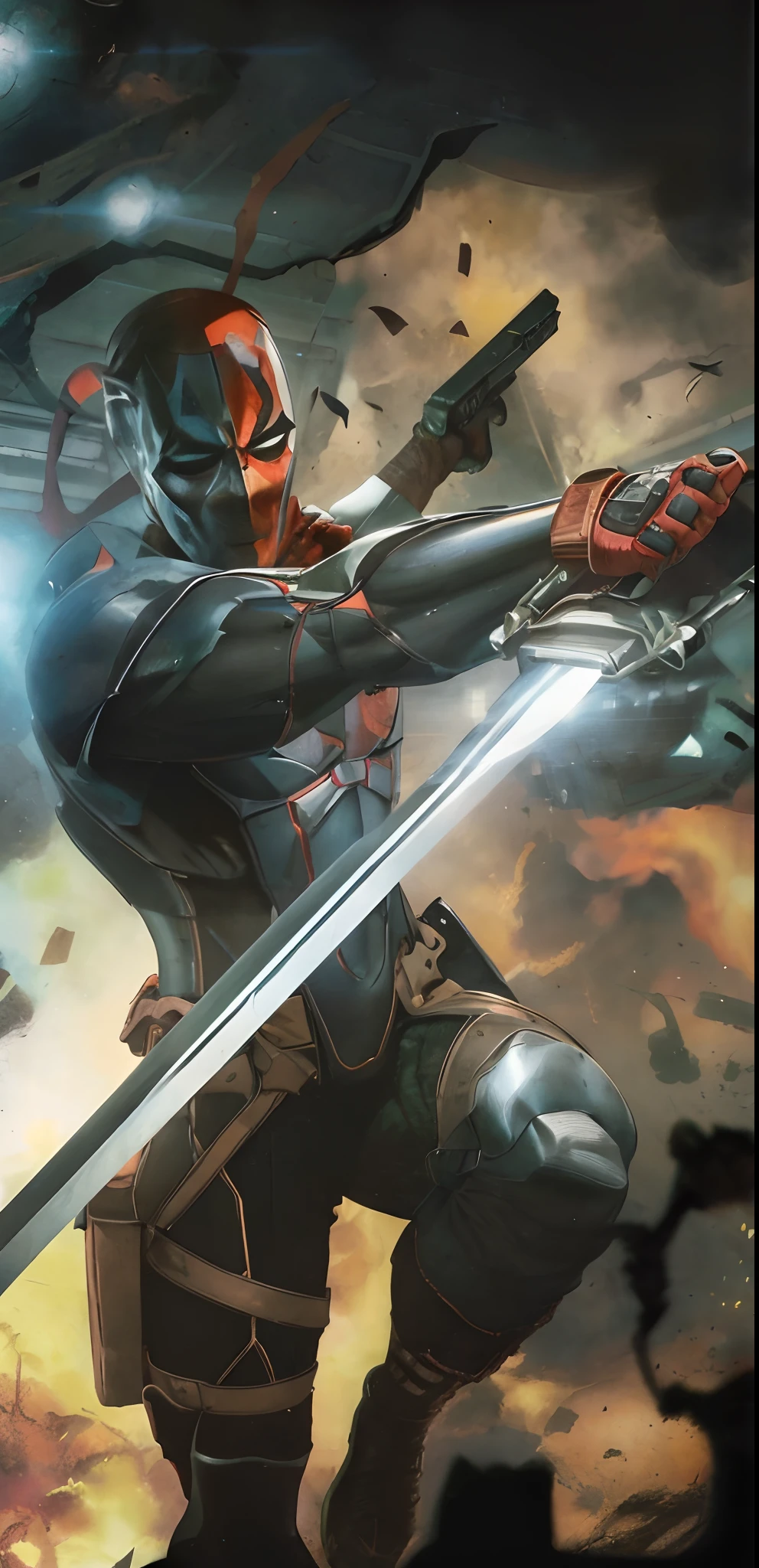 a close up of a person holding a sword in a fire, inspired by Rob Liefeld, style of raymond swanland, artgerm craig mullins, inspired by Raymond Swanland, mandalorian deadpool, comic cover art, marvel art, marvel concept art, epic comic book art, by Raymond Swanland, full art, comic artwork