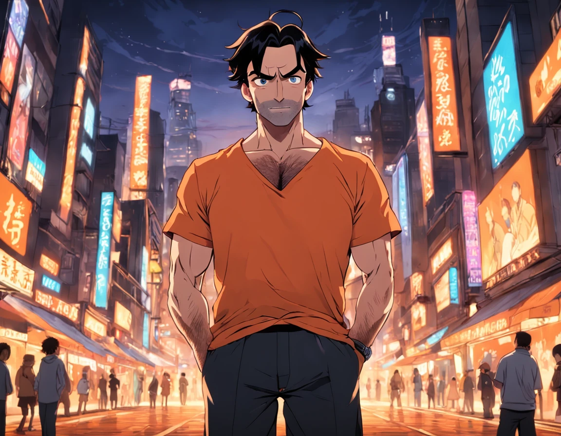 Jon Hamm, Cartoons in orange shirt and black pants, arms crossed, olhando para frente e sorrindo com os dentes aparecendo;
