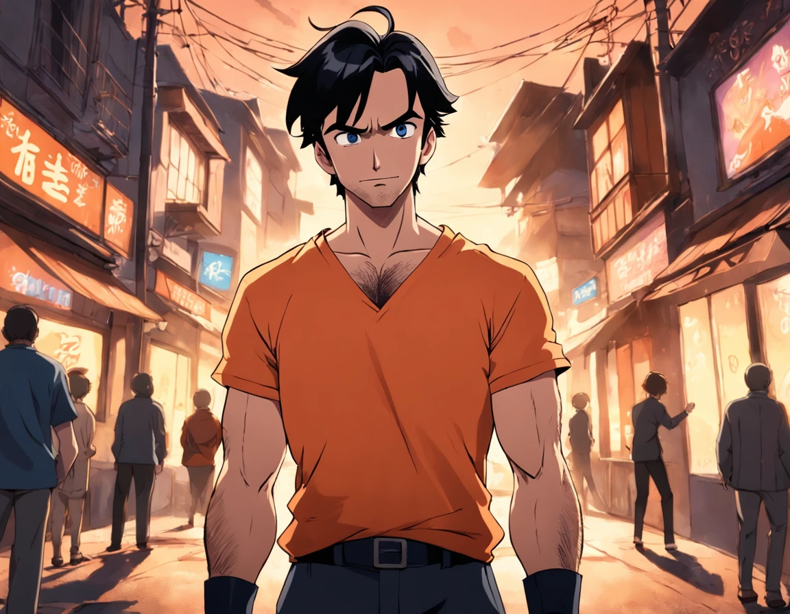 Jon Hamm, Cartoons in orange shirt and black pants, arms crossed, olhando para frente e sorrindo com os dentes aparecendo;