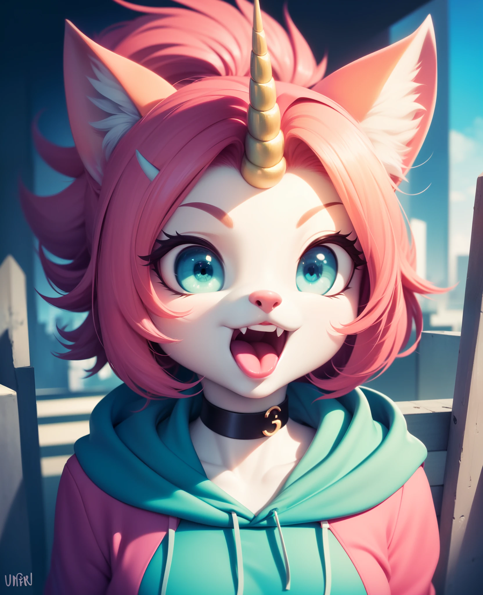 unikitty, furry female, anthro, unicorn girl, portrait, close-up, green choker, (block head:1.1), (pink hoodie:1.2), fur trim, solo, (body fur:1.2), (best quality), (detailed urban background:1.2), dramatic lighting, (detailed fluffy fur:1.1), open mouth, looking at viewer, block body, focus on the head, (square head:1.5)