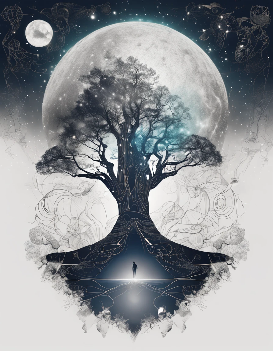 A galaxy landscape,"Create a visual description of a mysterious, illuminated character in an ethereal, mystical setting. Ele possui 1,80 meters high and emanates an enigmatic presence with its upright and graceful posture. His grey, long beard is meticulously cared for, symbolizing your age and experience. Brands of expression, stories tell of their experiences. On the left forearm, A complex tattoo displays three planets: Maria, Michelly e Marina, cada um com um nome gravado. Acima deles, A tree of life rises, com uma seta desenhada para cima, sugerindo uma jornada espiritual ascendente. Near the left deltoid, There is a tattoo of a large, watchful eye. Essa figura exala uma aura de conhecimento e calma, while harmonizing with the mystical environment that surrounds it."