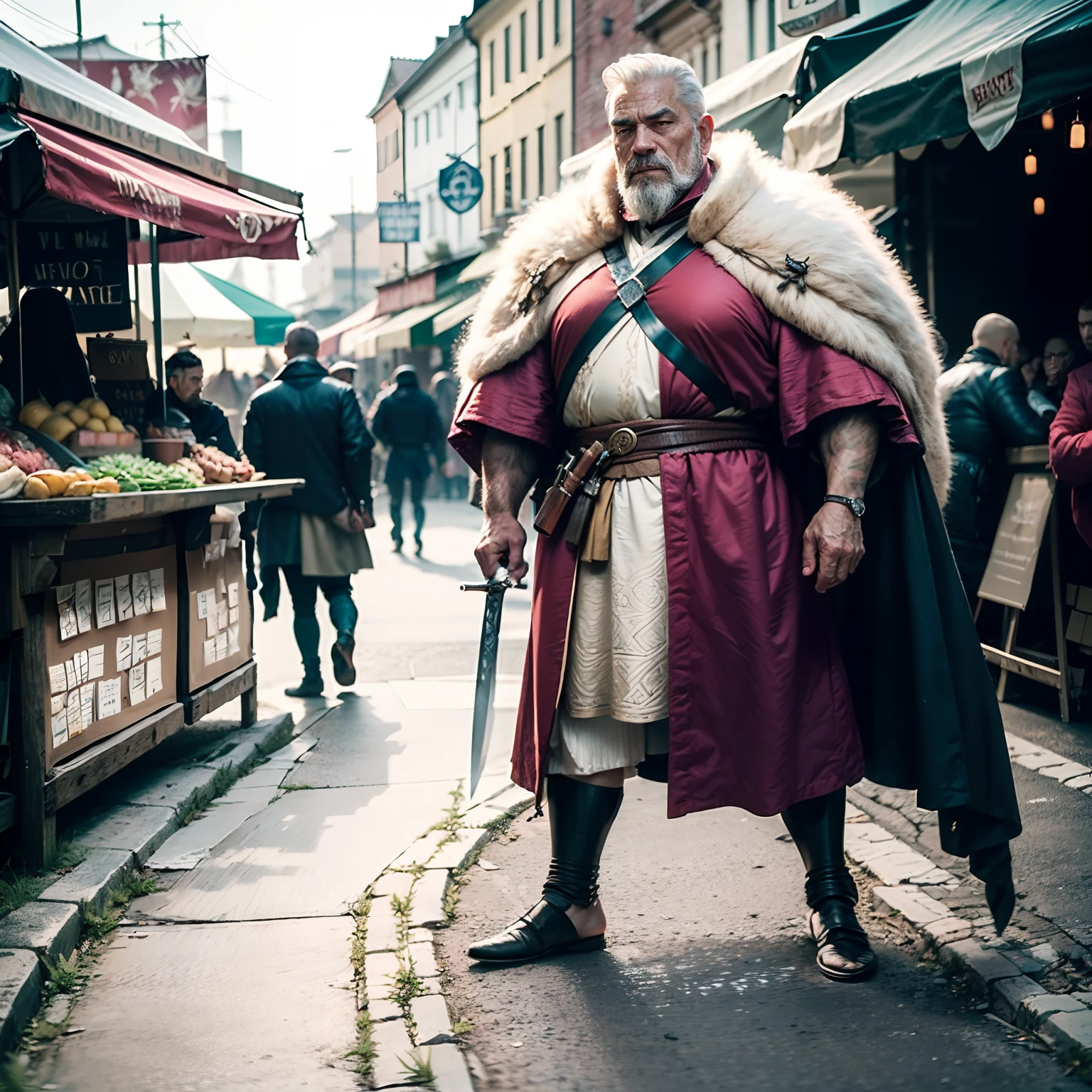 old warrior in shape, wearing medieval cloth with details in coat, has white hair and beard, imposing face, imposing physique, market in background, short hair parted in the middle, man's short hair with locks, bright eyes, medieval outfit red clothes, full body, hold sword, fight againts bandit